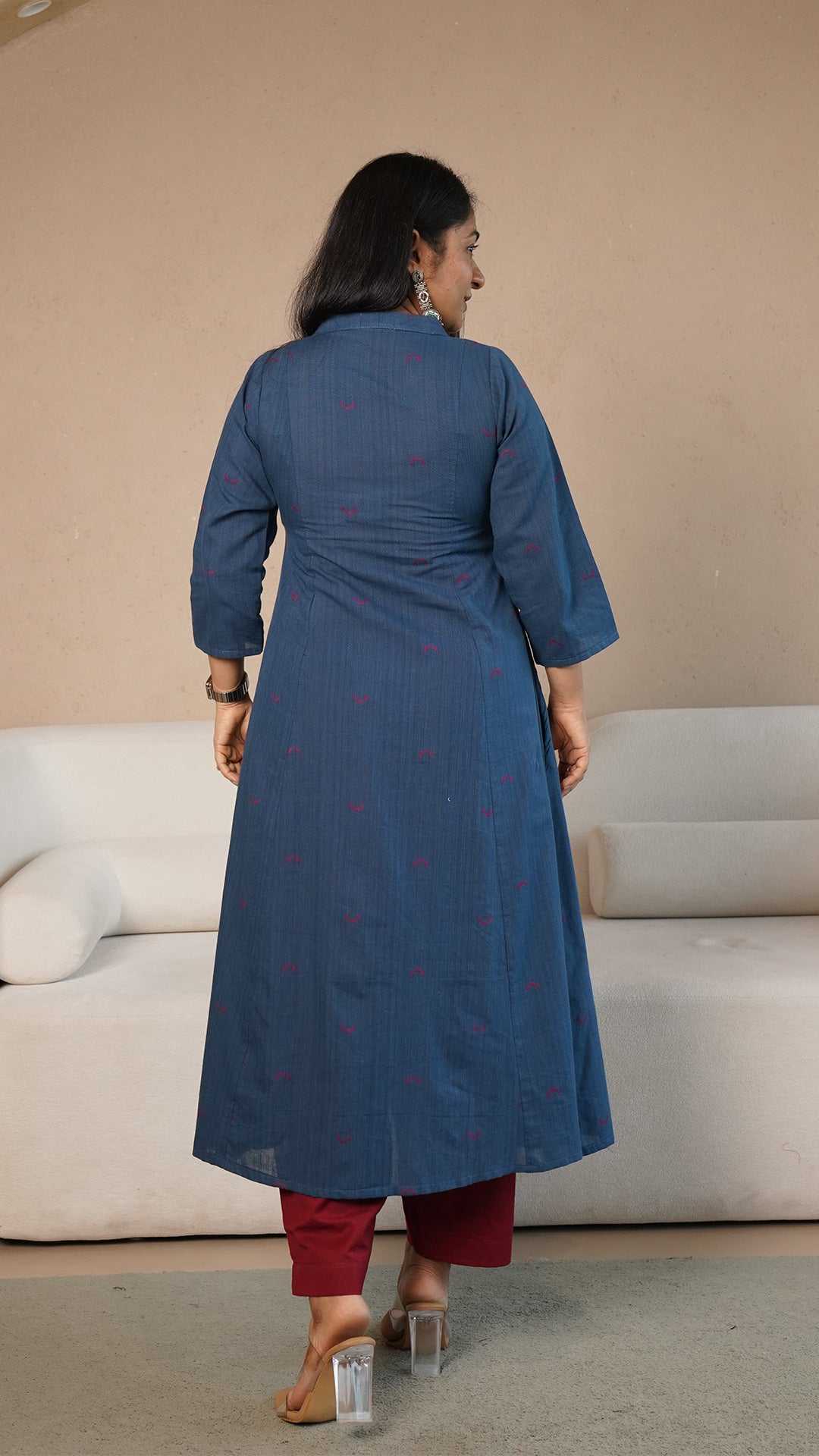 Mirah Chand Motif Hand Woven Kali Cotton Kurta - Blue