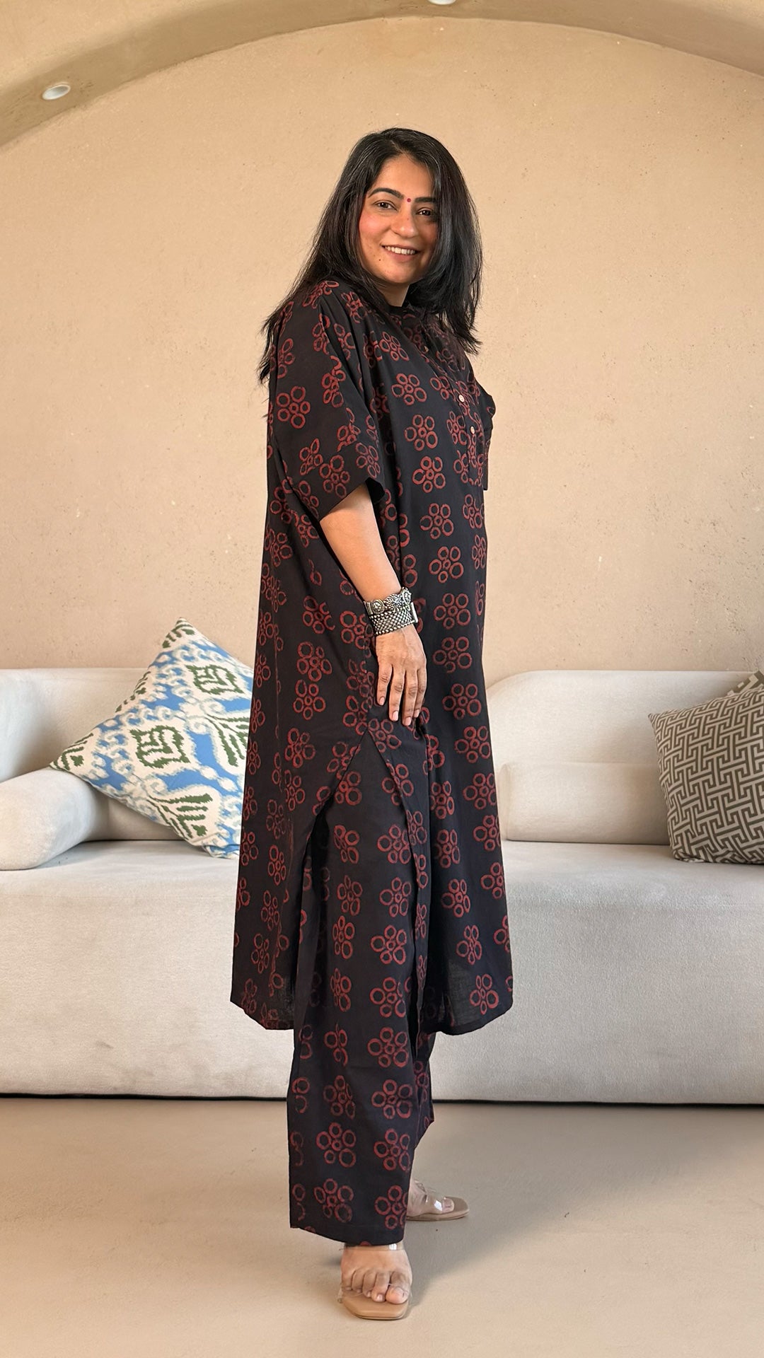 Kareena Ajrakh Cotton Kaftan Co-ord - Black/Maroon