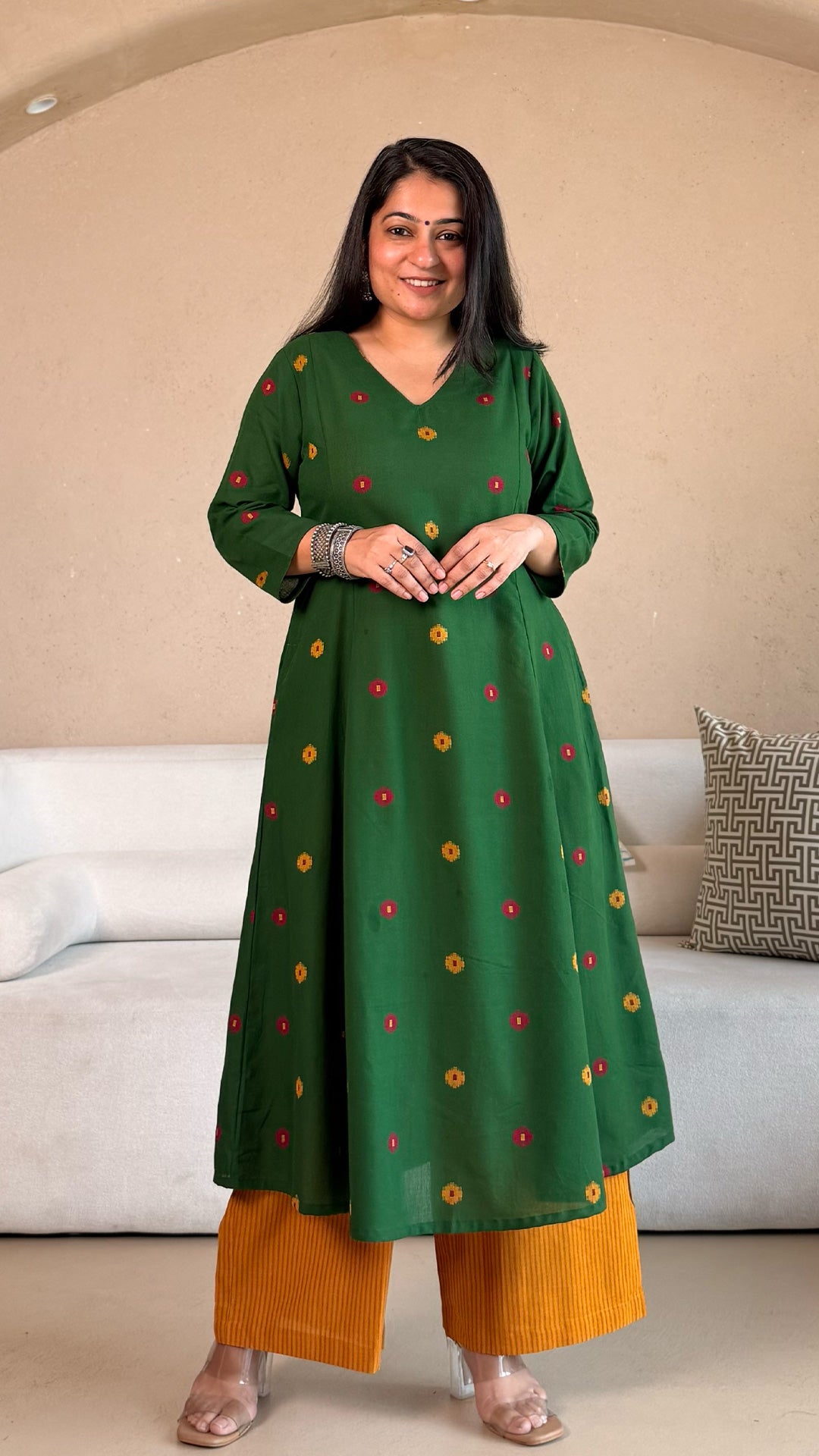 Shriya Handwoven Cotton Kurta- Green/Yellow