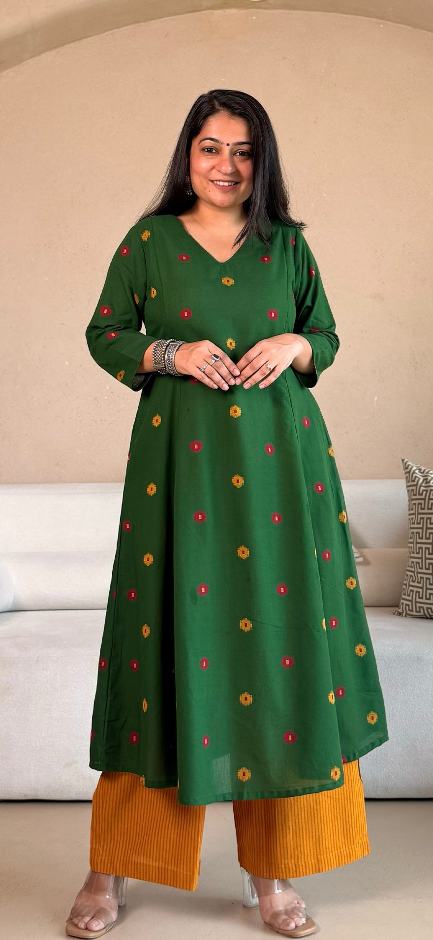 Shriya Handwoven Cotton Kurta- Green/Yellow