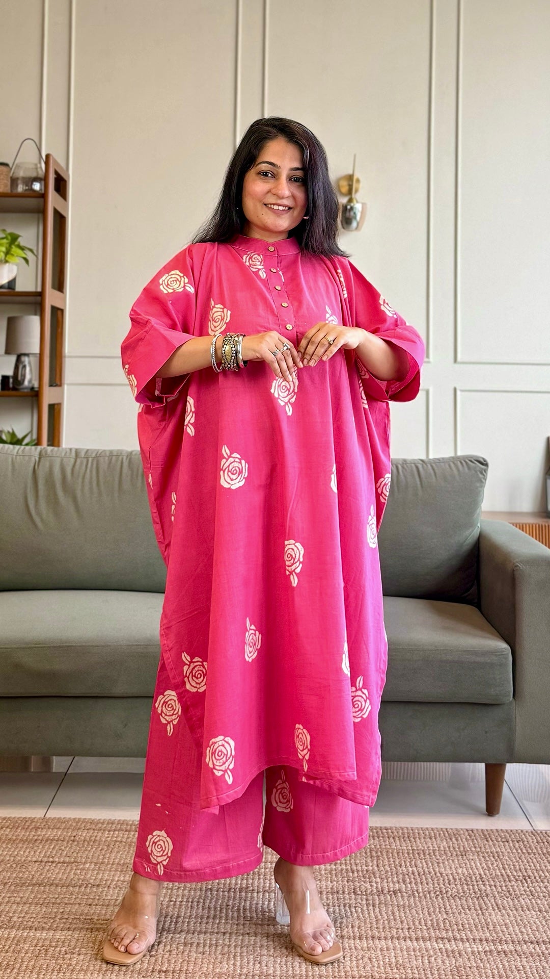 Raahi Kaftan Co-ord In Cotton - Pink