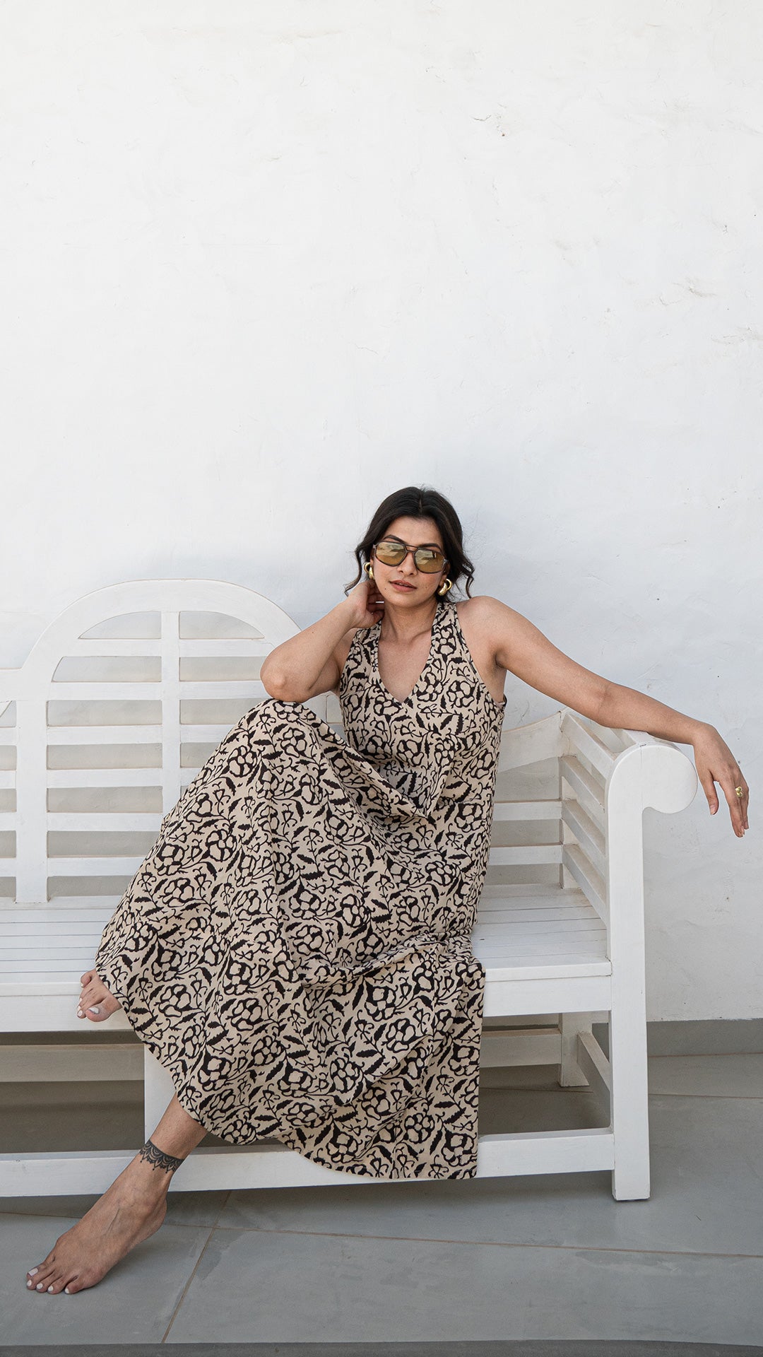 Raahi Floral Jaal Halter Neck Cotton Dress - Black