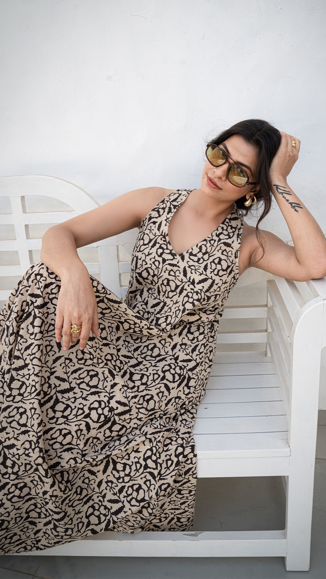 Raahi Floral Jaal Halter Neck Cotton Dress - Black