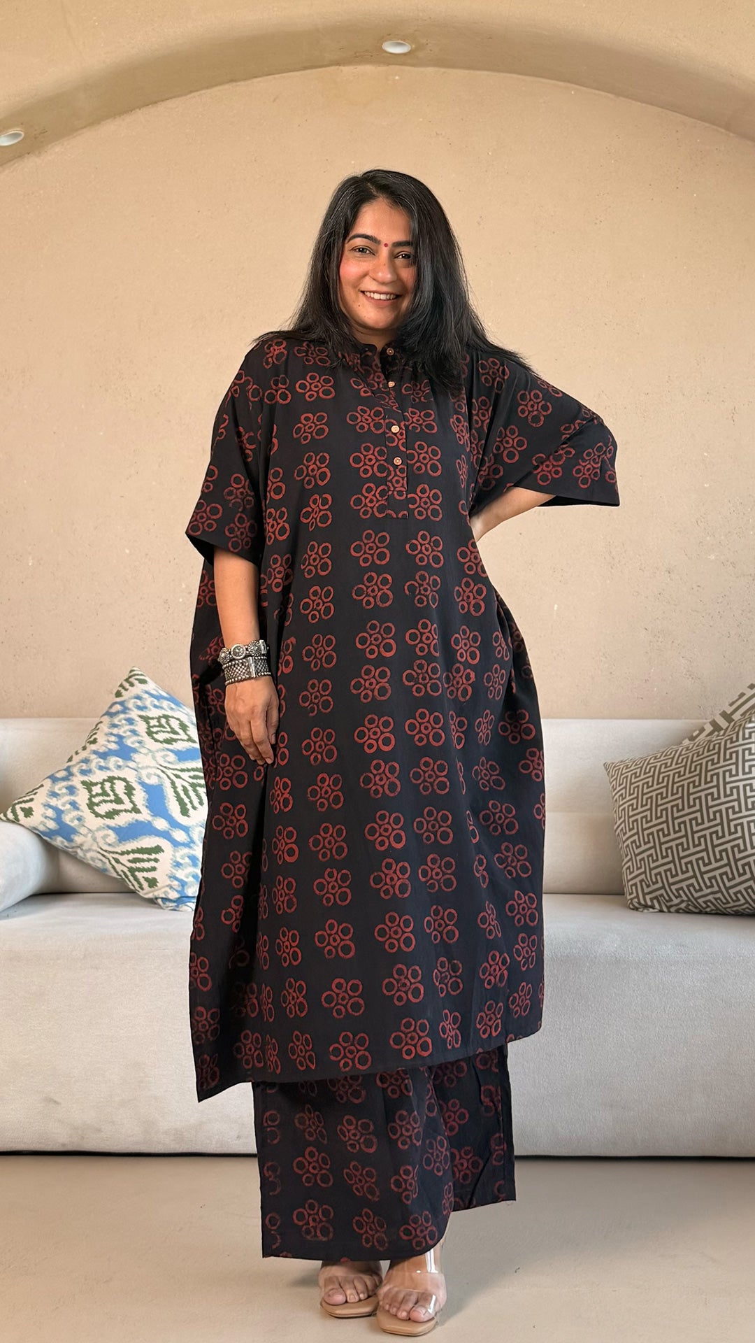 Kareena Ajrakh Cotton Kaftan Co-ord - Black/Maroon