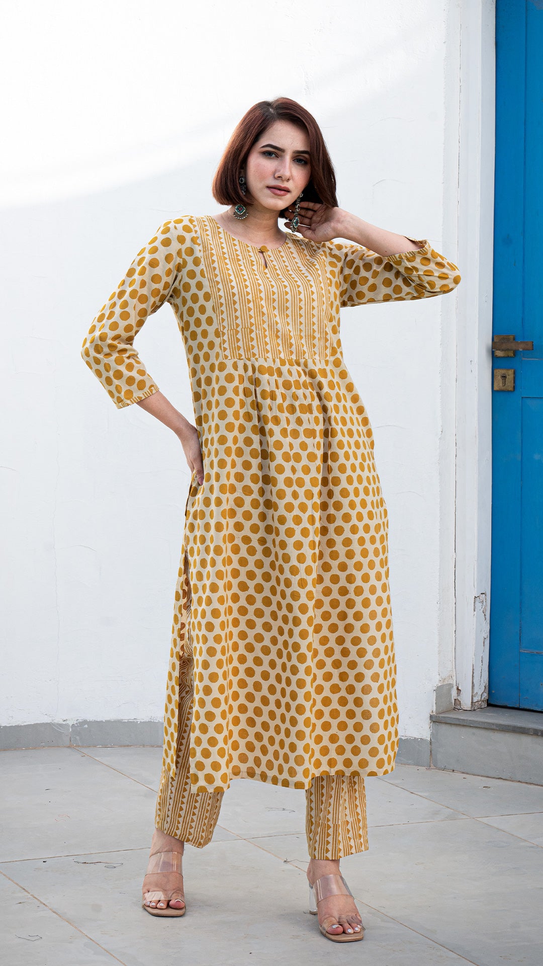 Anu Polka Dots Hand Block Pleated Cotton Kurta - Mustard