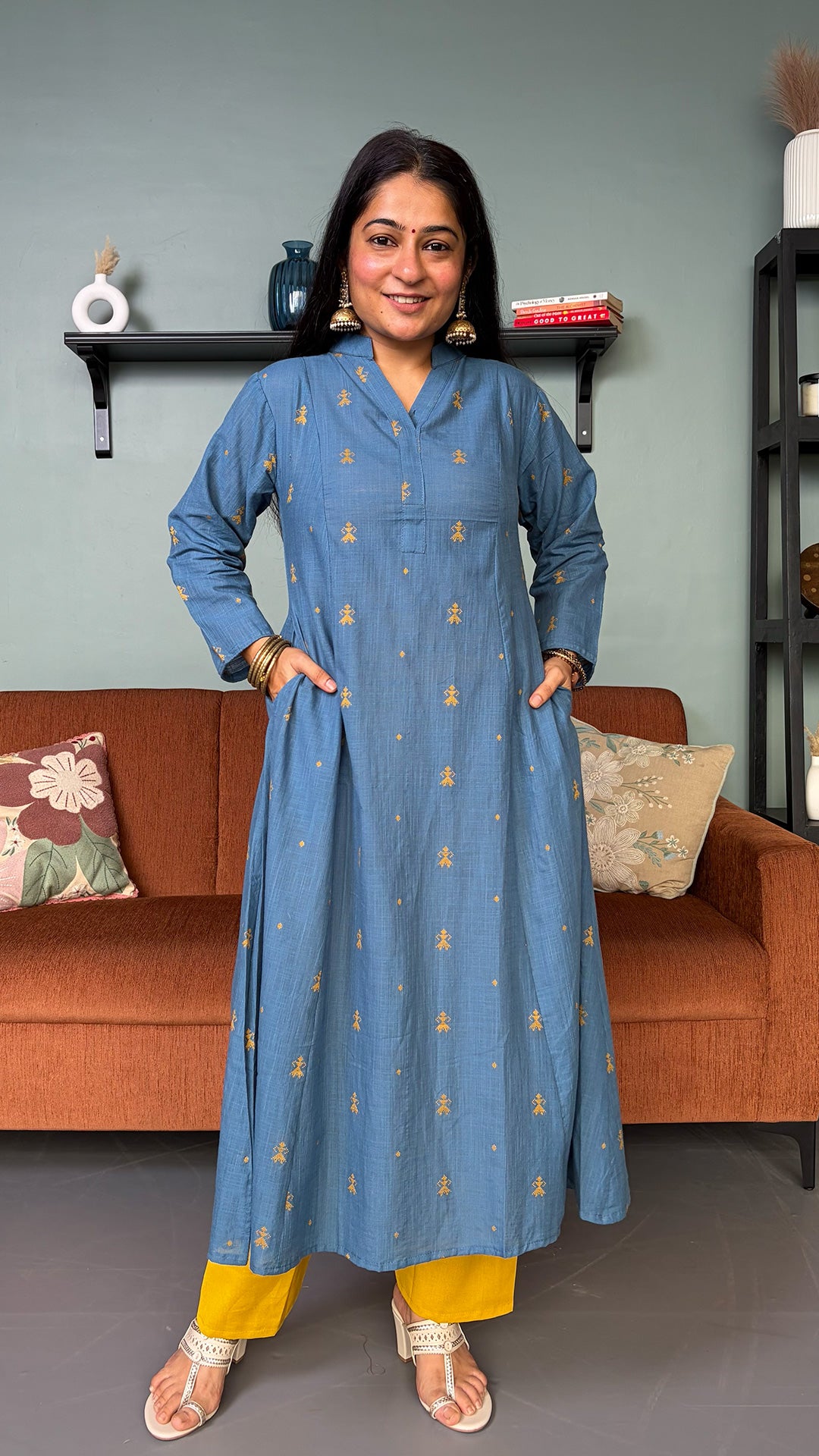 Natasha Blue Hand Woven Kali Cotton Kurta