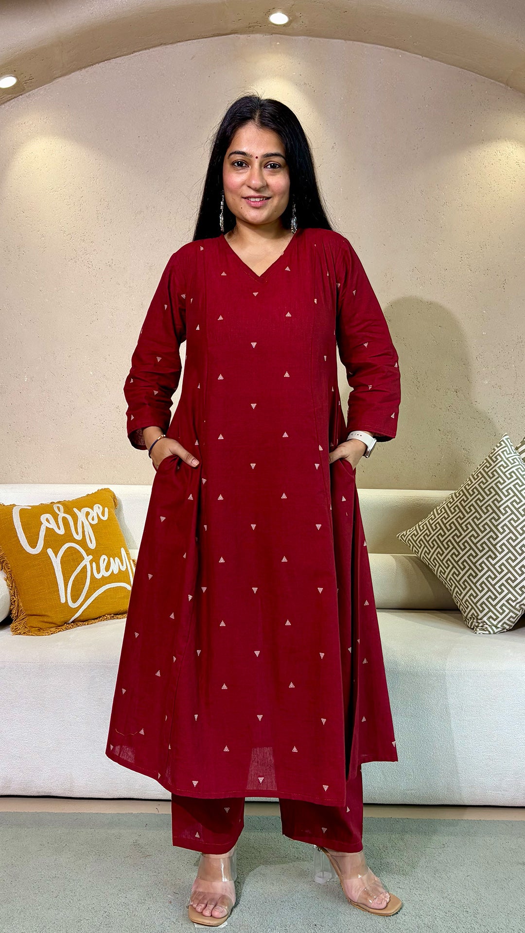 Megha Red Hand Woven Kali Cotton Kurta