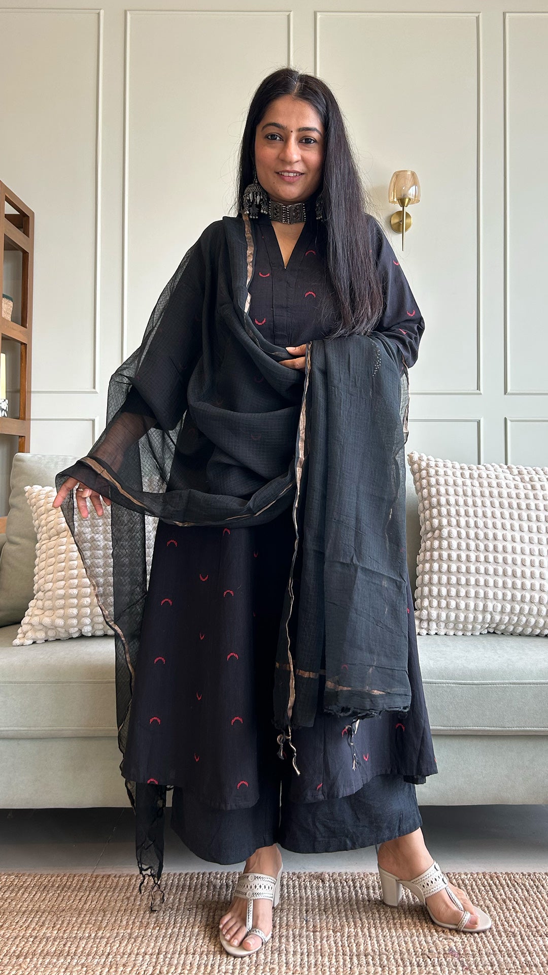 Mehaa Chand Motif Hand Woven Kali Cotton Kurta - Black