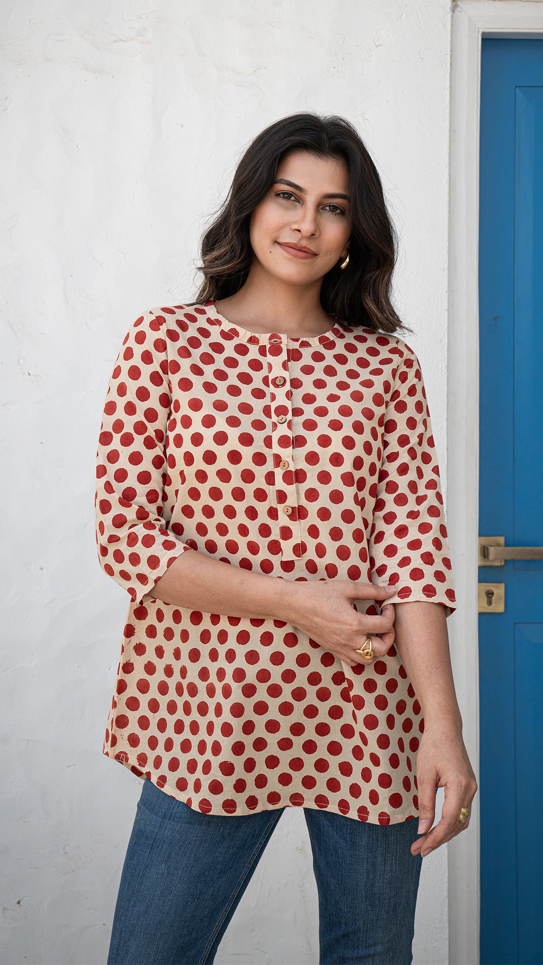 Avika Polka Dots Cotton Short Top - Red