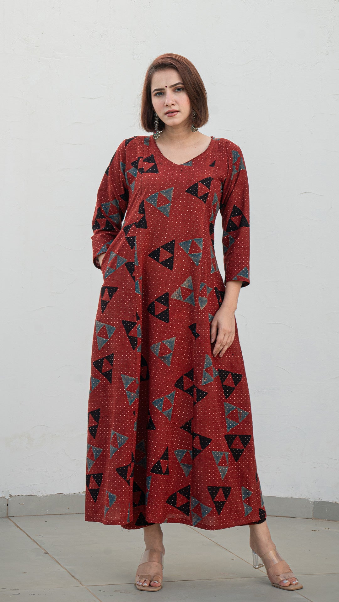 Rucha Ajrakh Handblock Kali Kurta - Brick Red