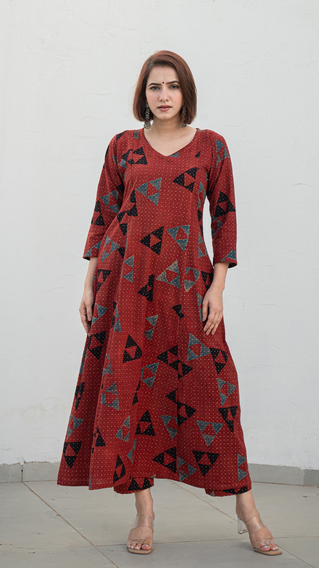Rucha Ajrakh Handblock Kali Kurta - Brick Red