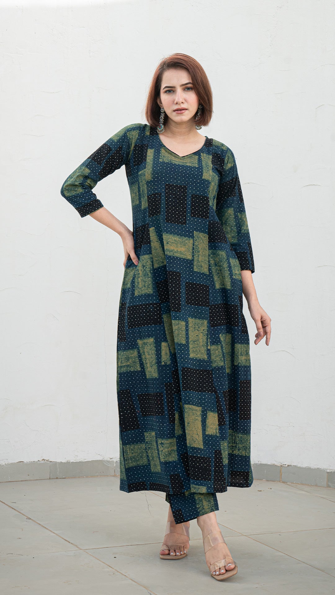 Kresha Ajrakh Handblock Kali Kurta - Indigo