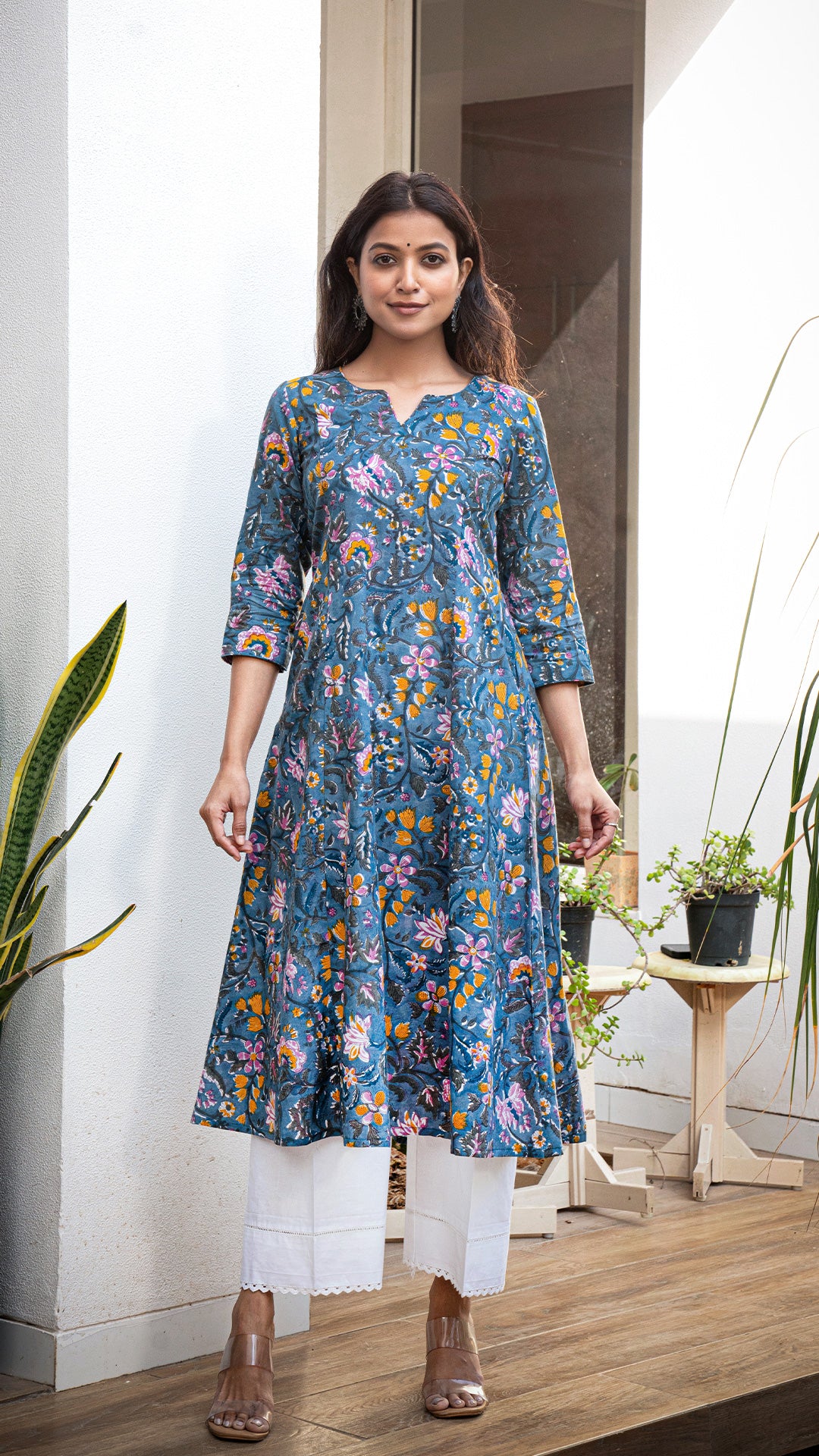 Vyoma Sanganeri Hand Block Kali Cotton Kurta - Ash Blue