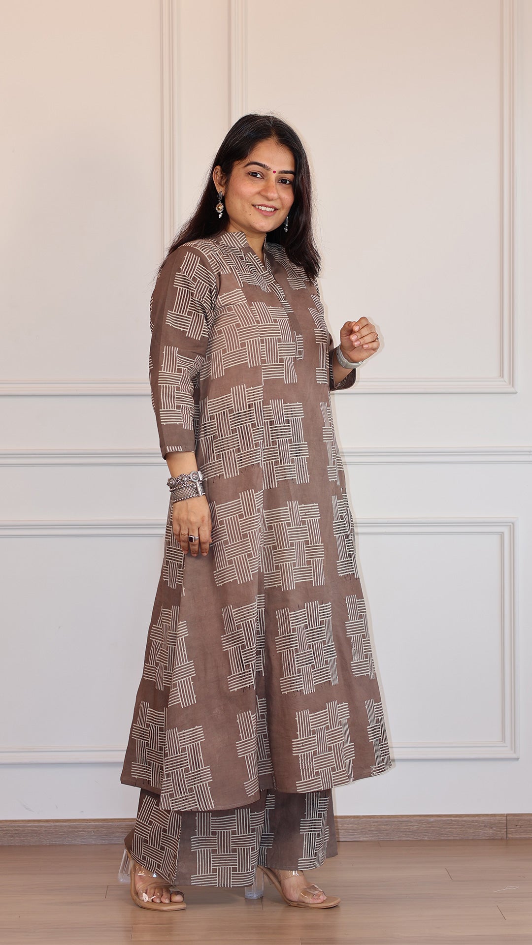 Sofia Geometric Print Ajrakh Cotton Hand Block Kurta Set- Sand