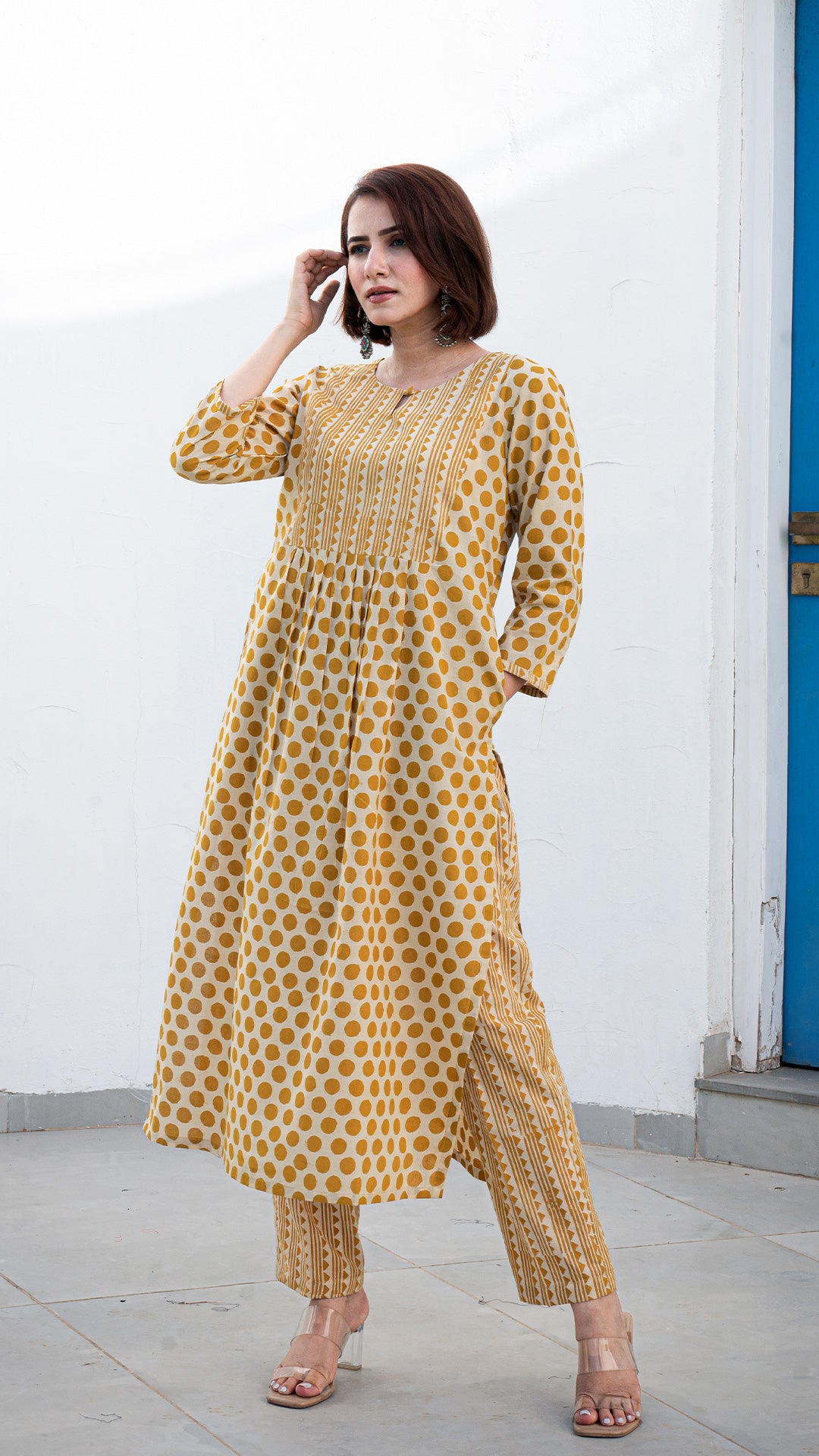 Anu Polka Dots Hand Block Pleated Cotton Kurta - Mustard