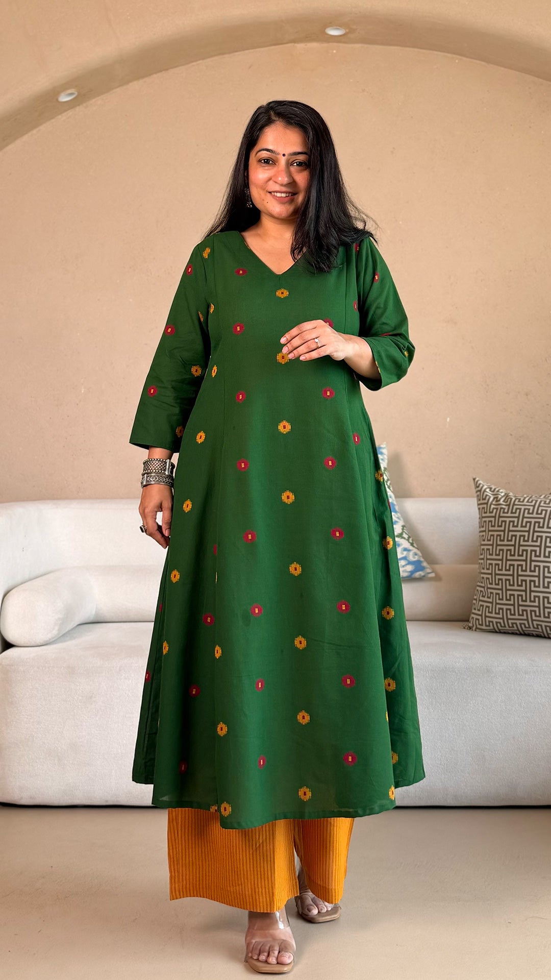 Shriya Handwoven Cotton Kurta- Green/Yellow