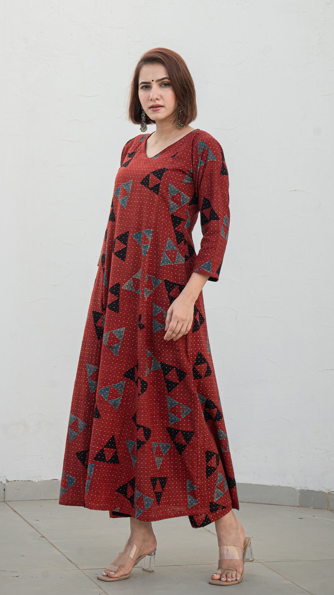 Rucha Ajrakh Handblock Kali Kurta - Brick Red