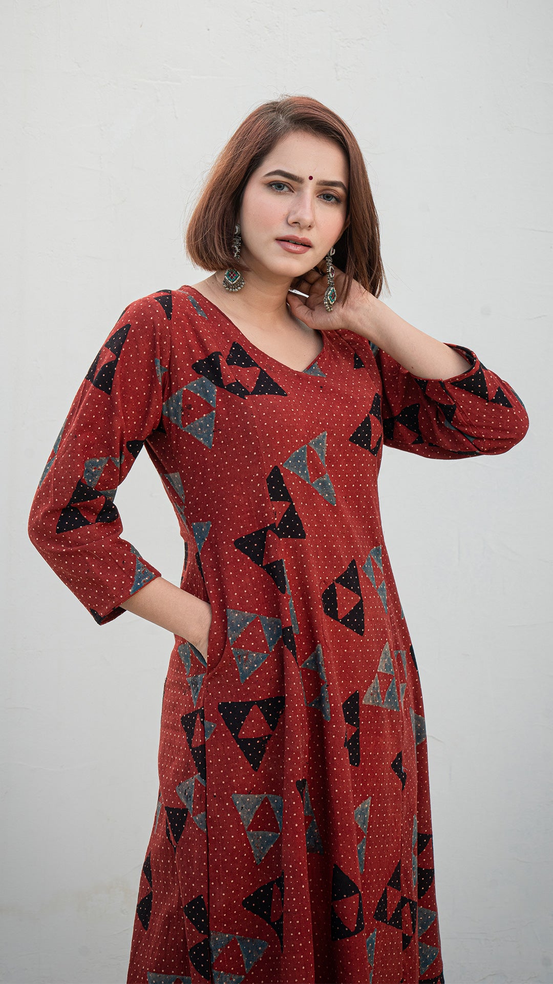 Rucha Ajrakh Handblock Kali Kurta - Brick Red
