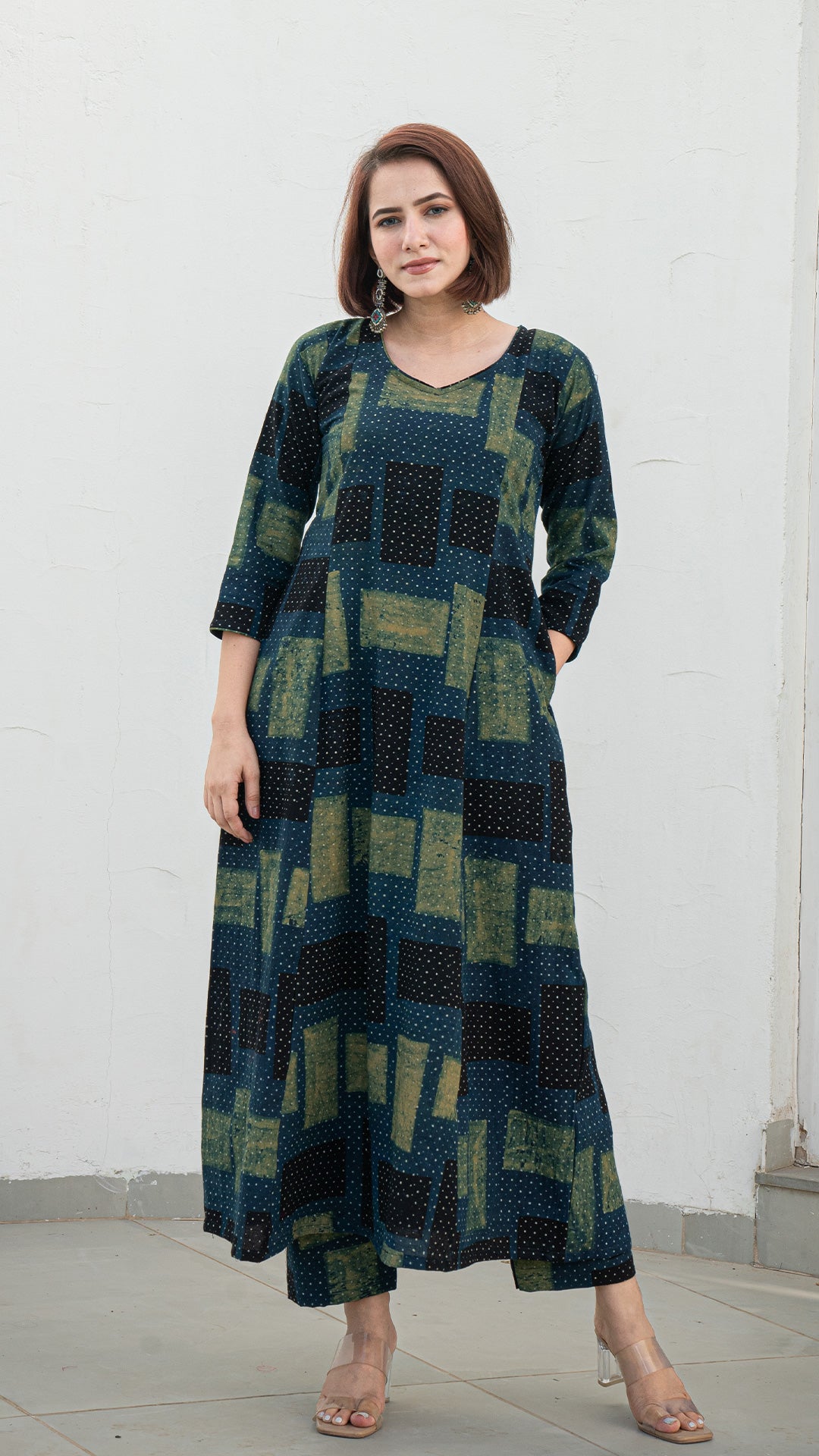 Kresha Ajrakh Handblock Kali Kurta - Indigo