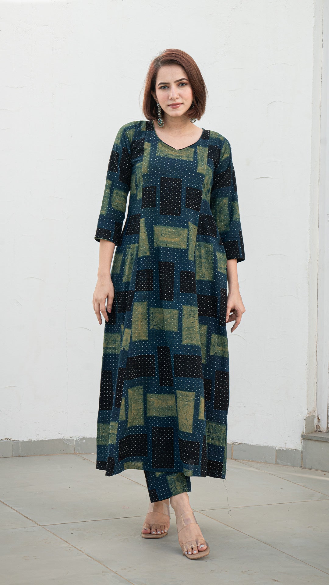 Kresha Ajrakh Handblock Kali Kurta - Indigo