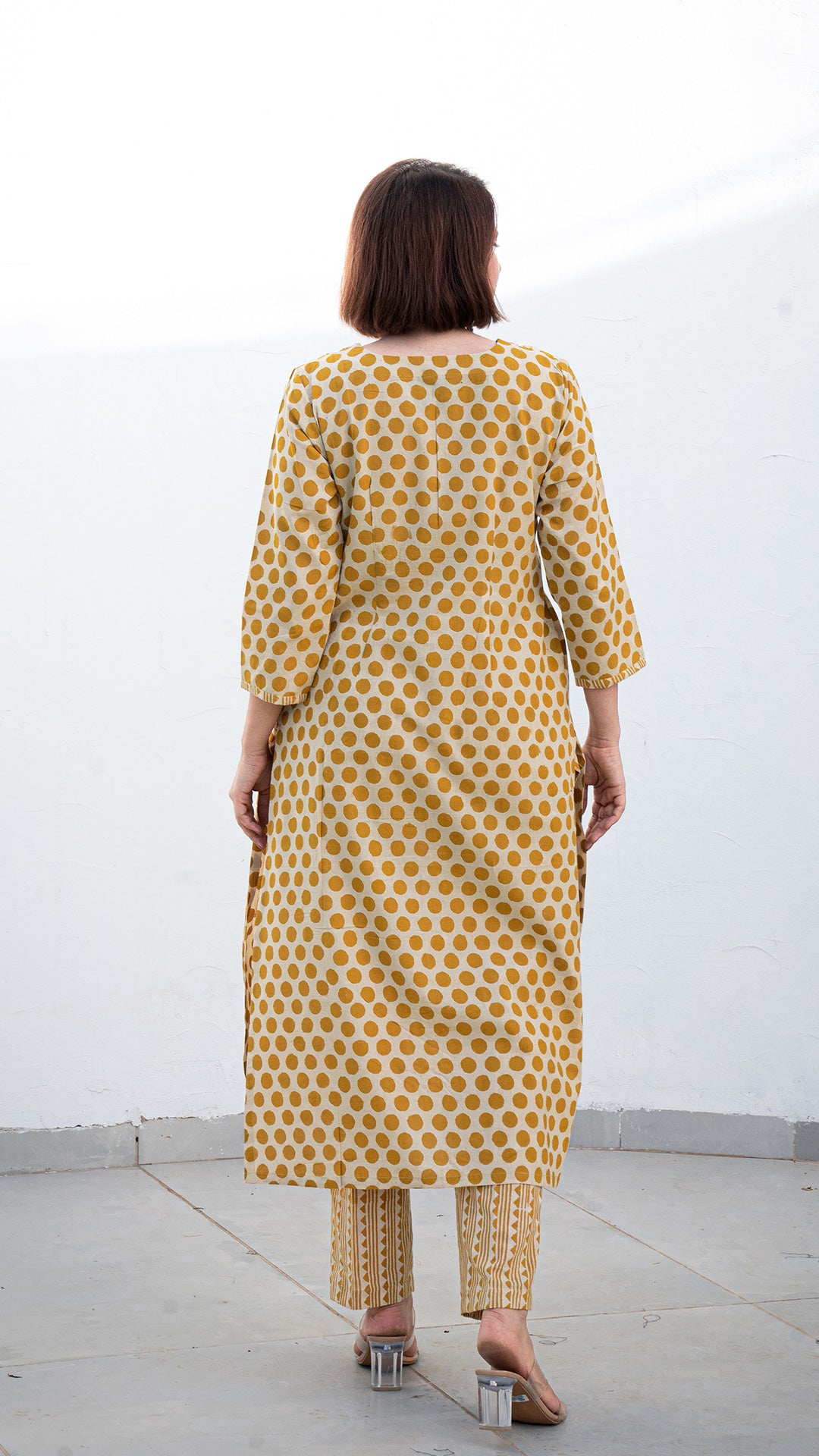 Anu Polka Dots Hand Block Pleated Cotton Kurta - Mustard