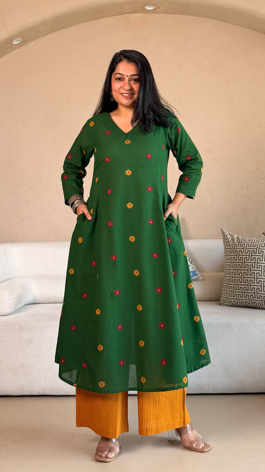 Shriya Handwoven Cotton Kurta- Green/Yellow