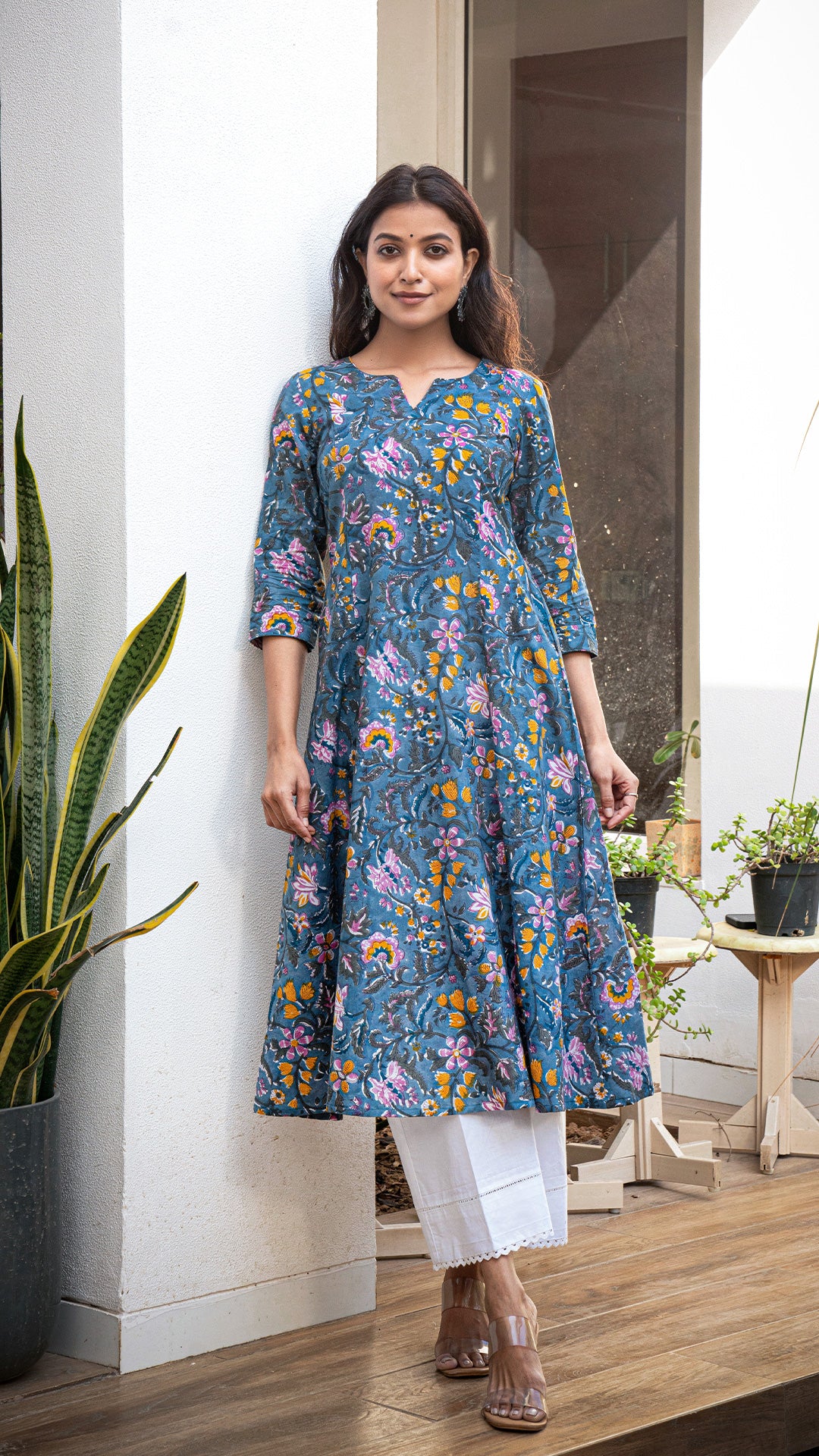 Vyoma Sanganeri Hand Block Kali Cotton Kurta - Ash Blue