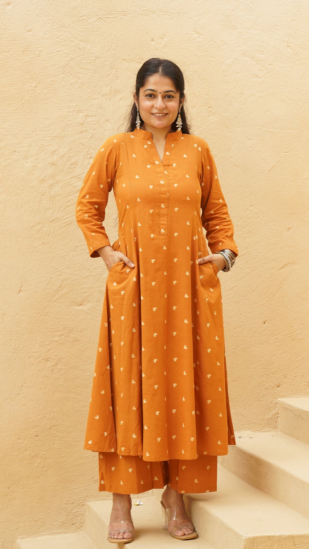 Little Hearts - Hand Block Kali Cotton Kurta - Rust