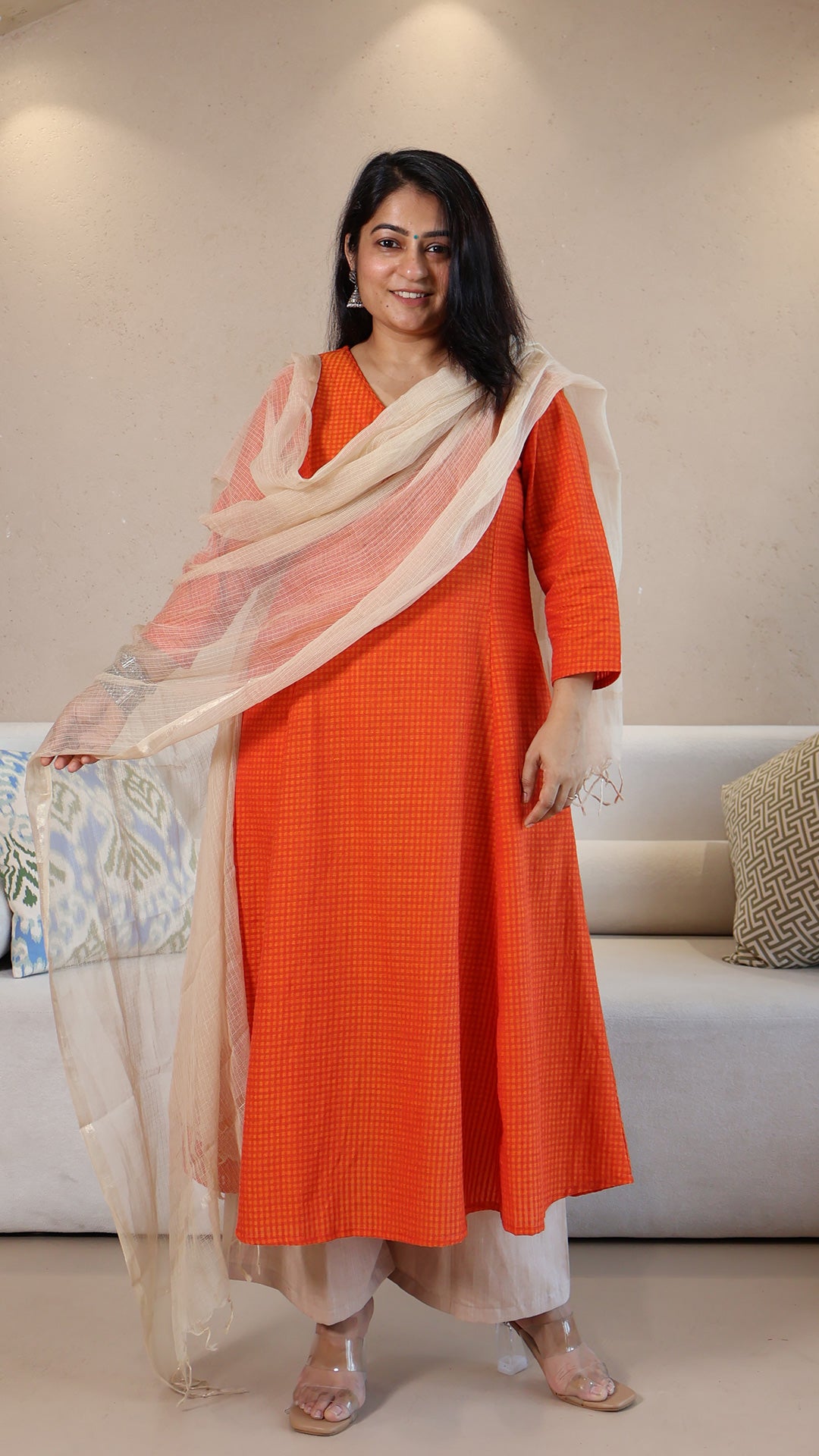 Orange Checkered Handwoven Cotton Kurta