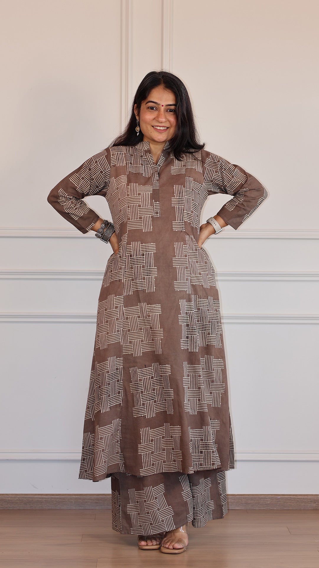 Sofia Geometric Print Ajrakh Cotton Hand Block Kurta Set- Sand