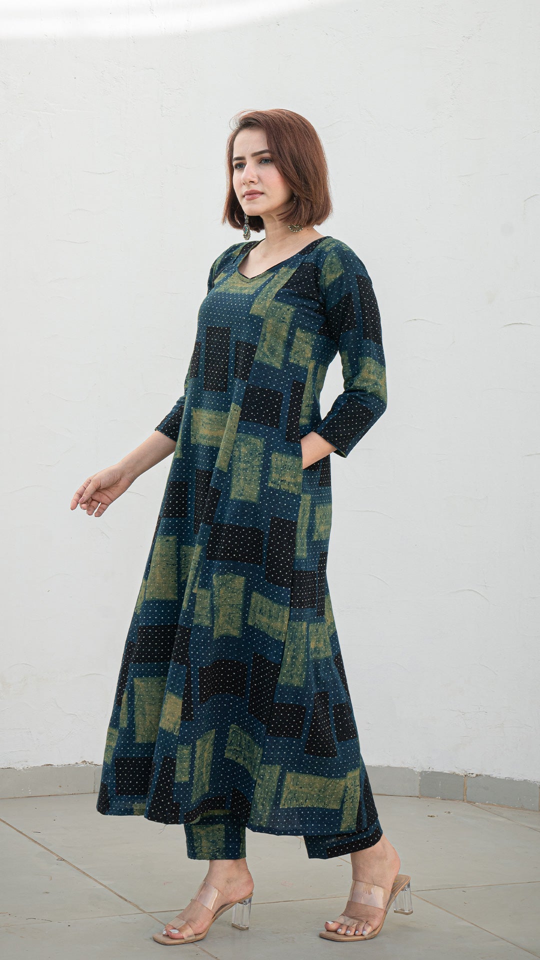 Kresha Ajrakh Handblock Kali Kurta - Indigo