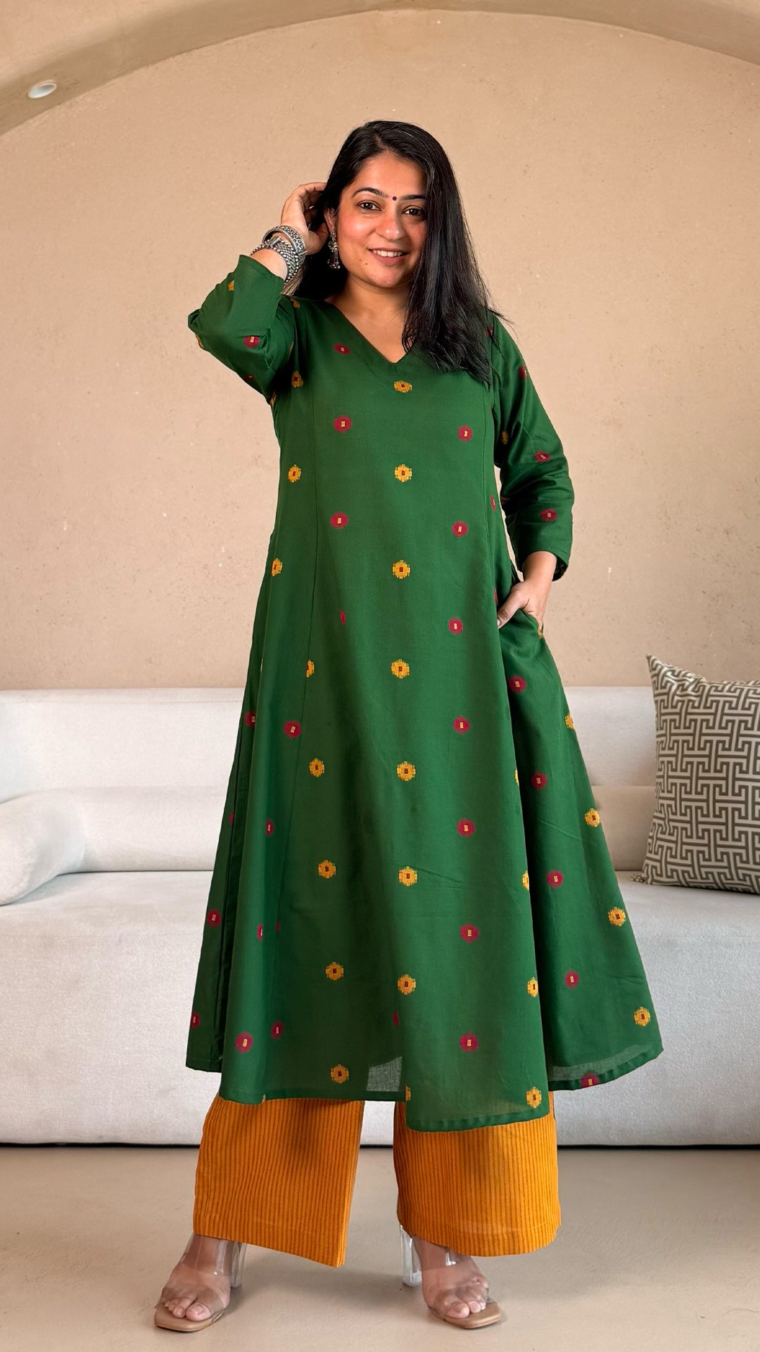Shriya Handwoven Cotton Kurta- Green/Yellow