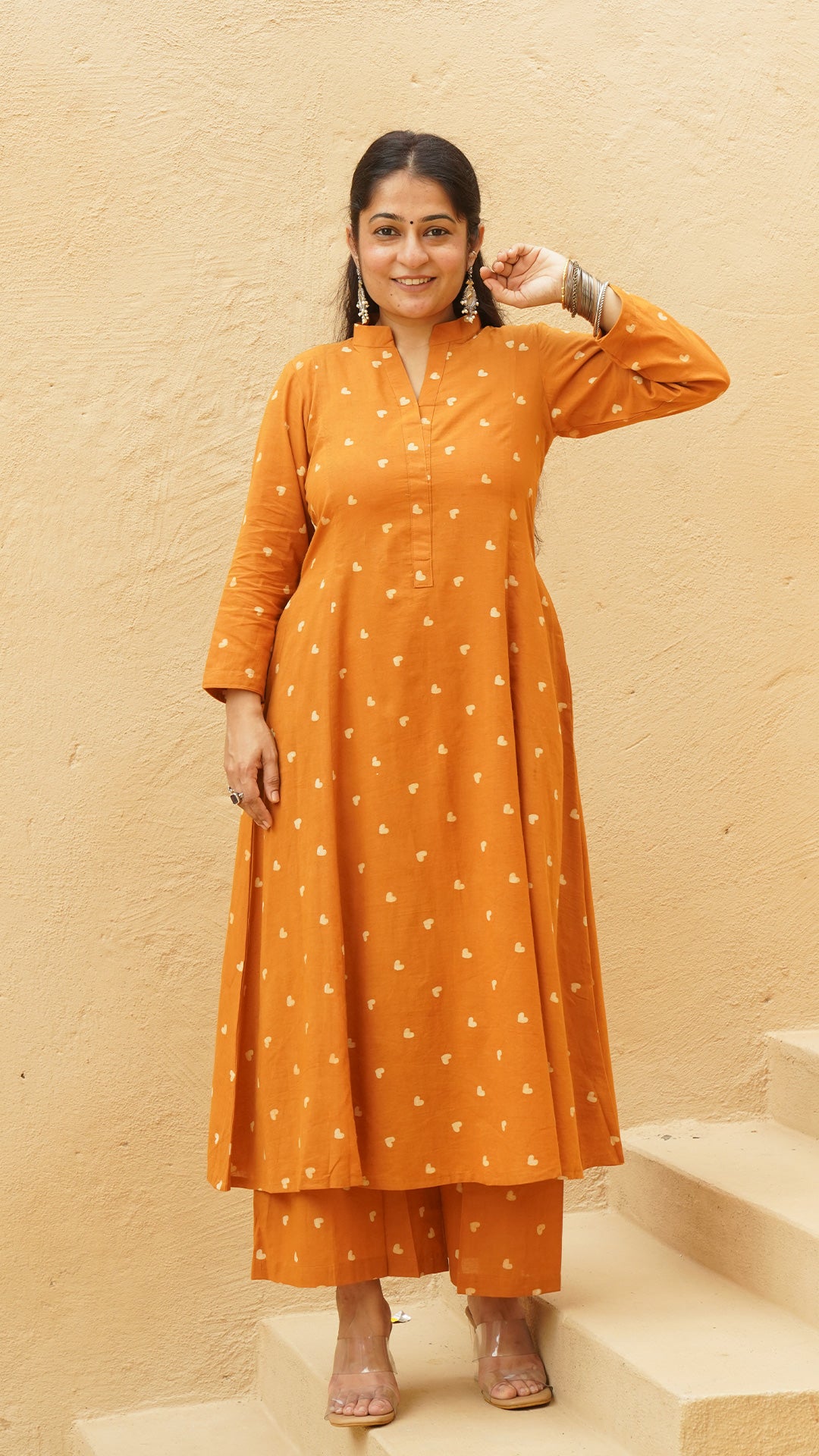 Little Hearts - Hand Block Kali Cotton Kurta - Rust