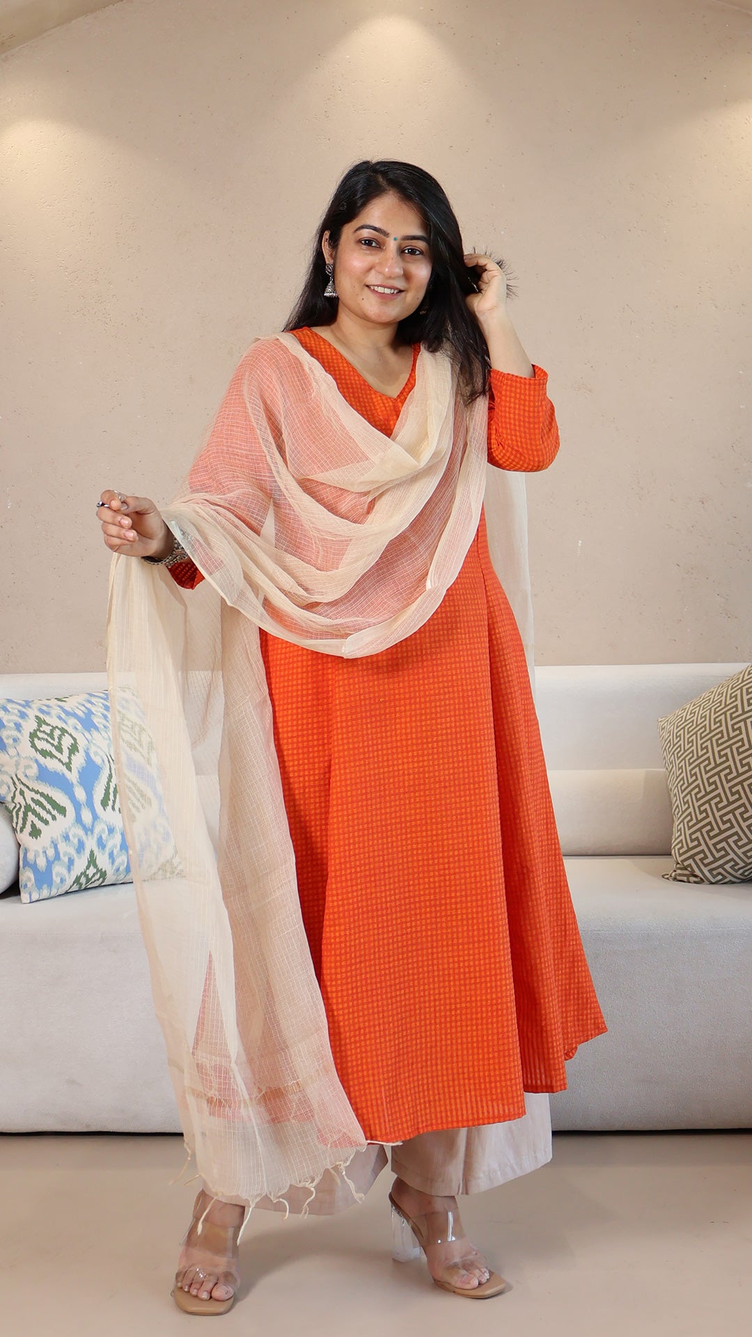 Orange Checkered Handwoven Cotton Kurta