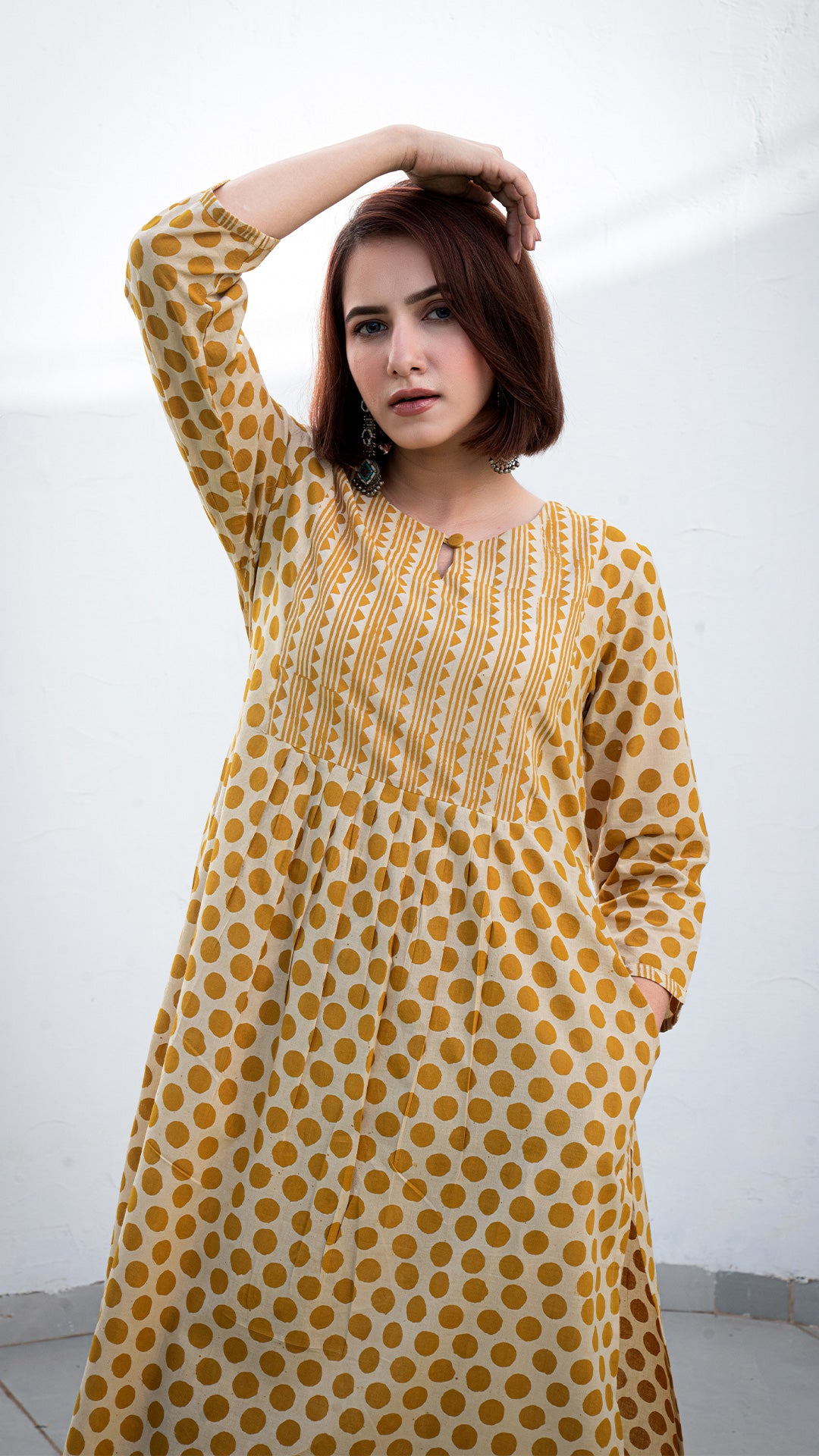 Anu Polka Dots Hand Block Pleated Cotton Kurta - Mustard
