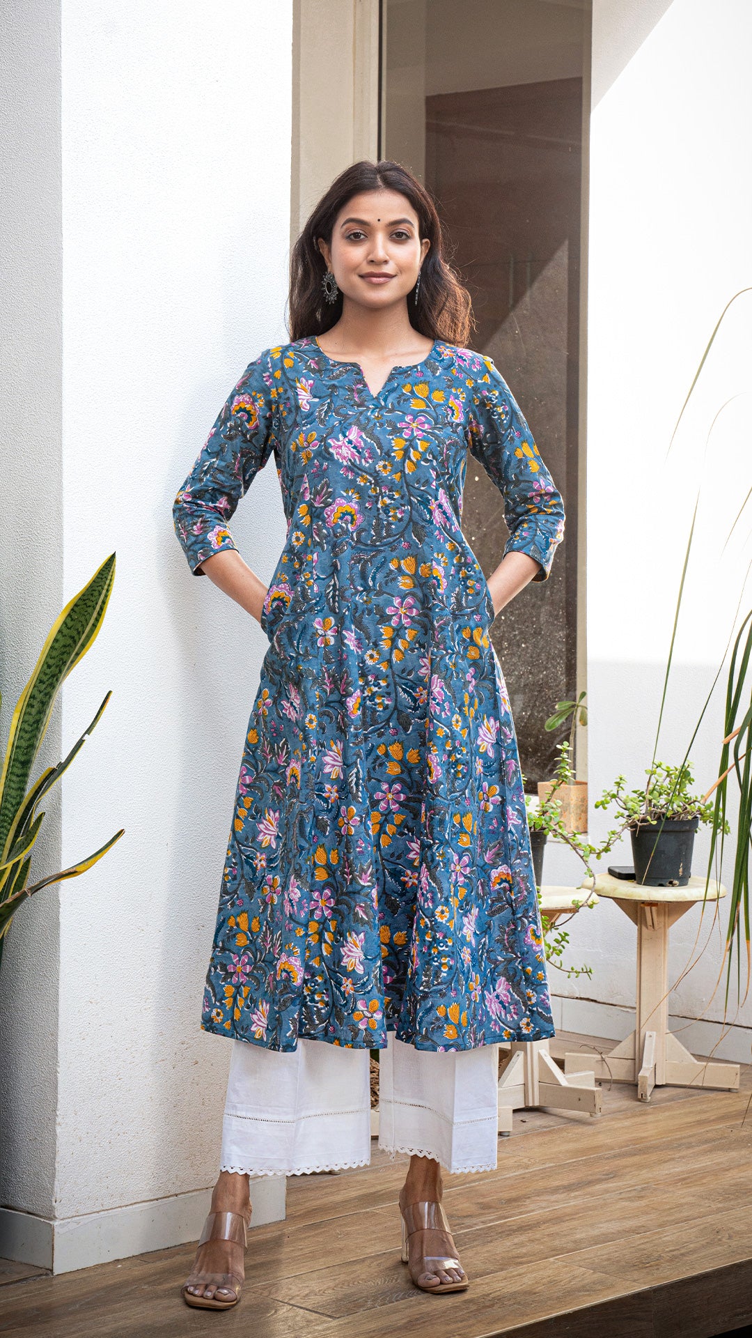 Vyoma Sanganeri Hand Block Kali Cotton Kurta - Ash Blue