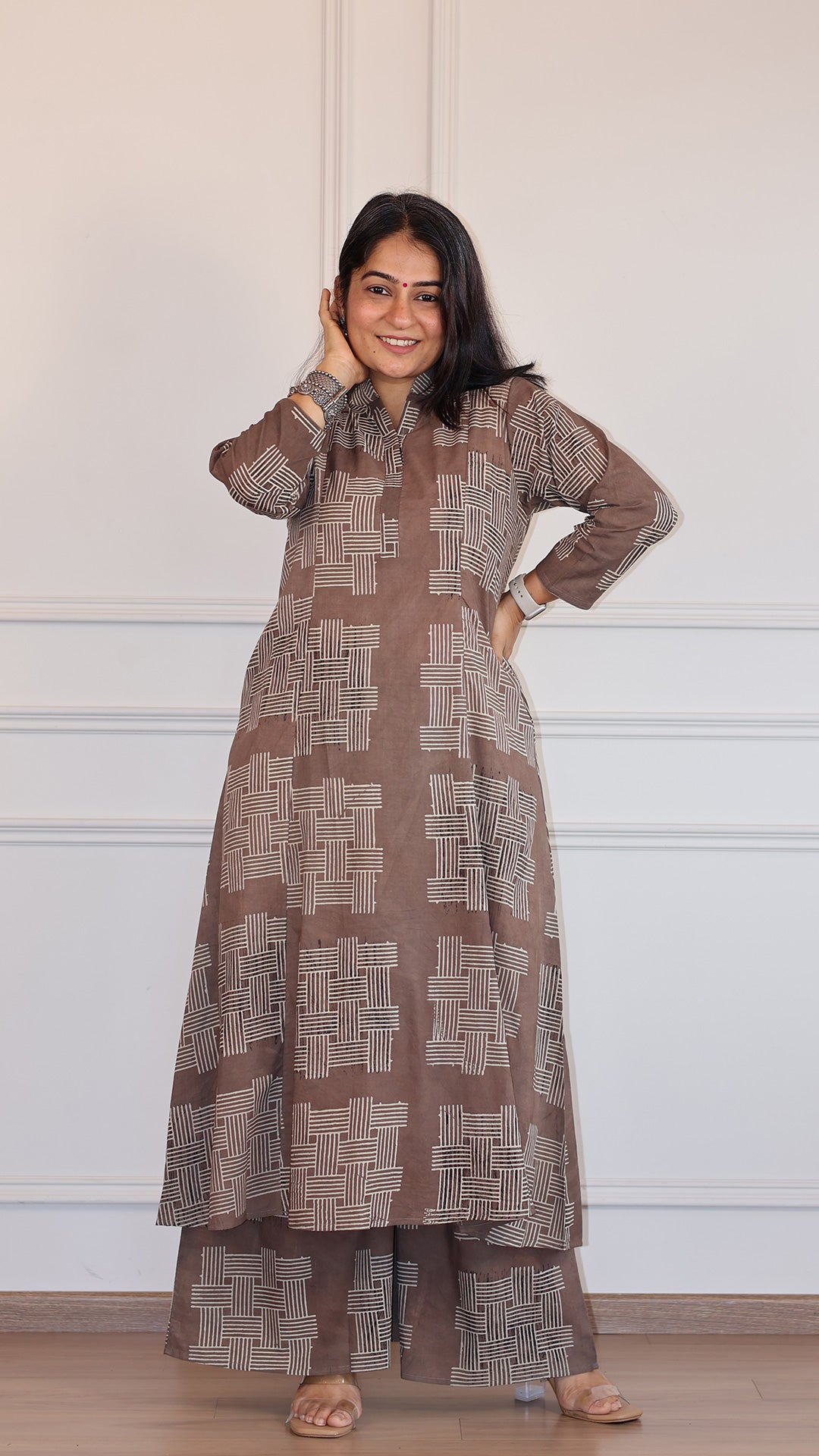 Sofia Geometric Print Ajrakh Cotton Hand Block Kurta Set- Sand