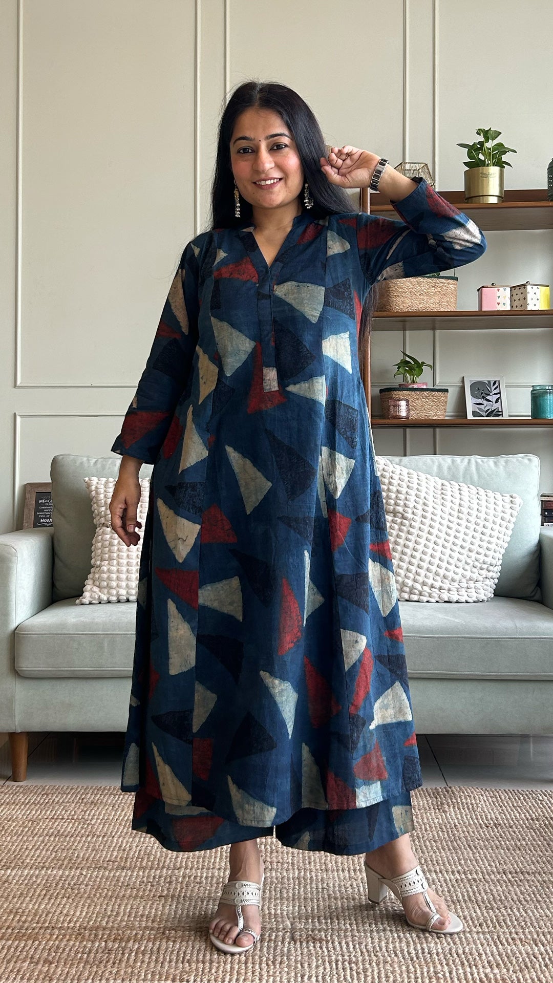 Mansi Ajrakh Handblock Kali Kurta - Indigo