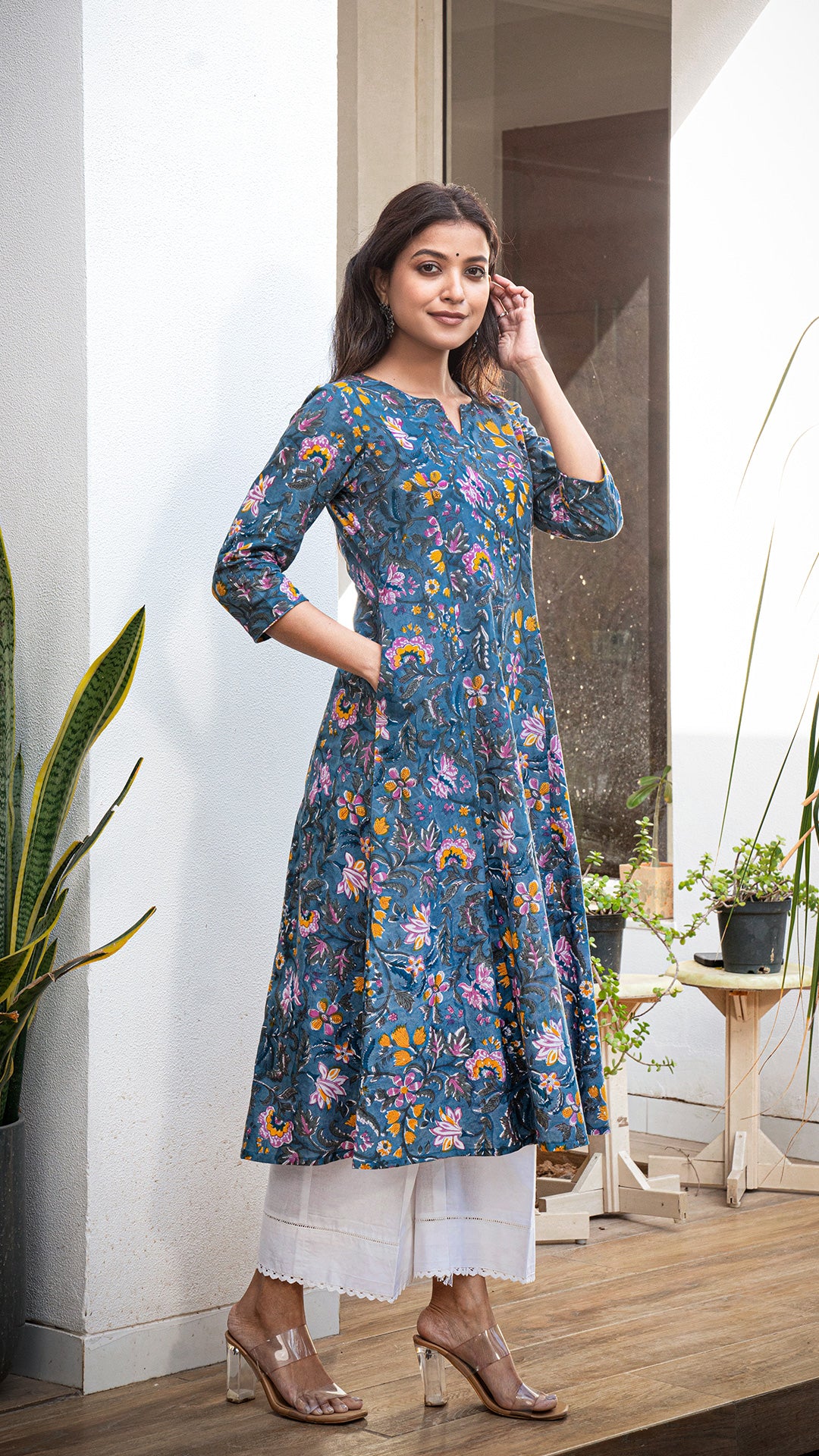 Vyoma Sanganeri Hand Block Kali Cotton Kurta - Ash Blue