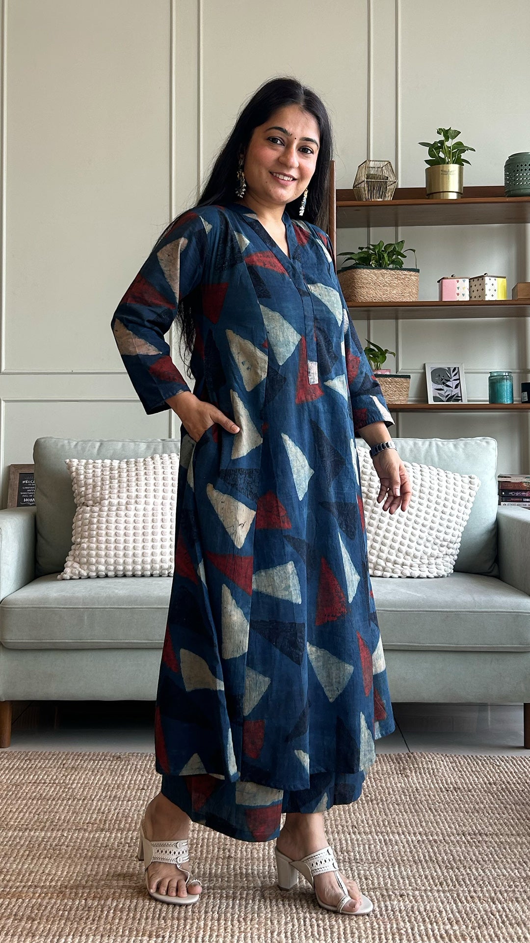 Mansi Ajrakh Handblock Kali Kurta - Indigo