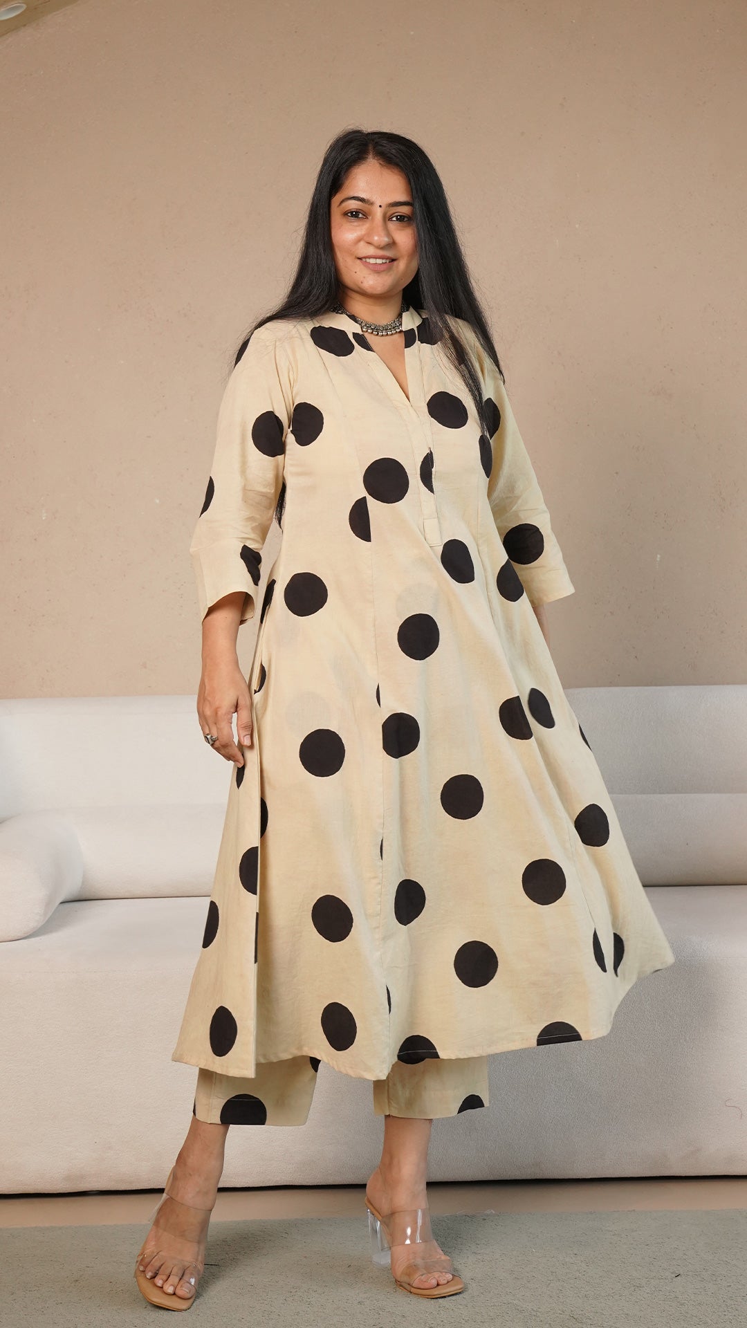 Kriya Polka Dots Hand Block Kali Cotton Kurta - Beige/Black