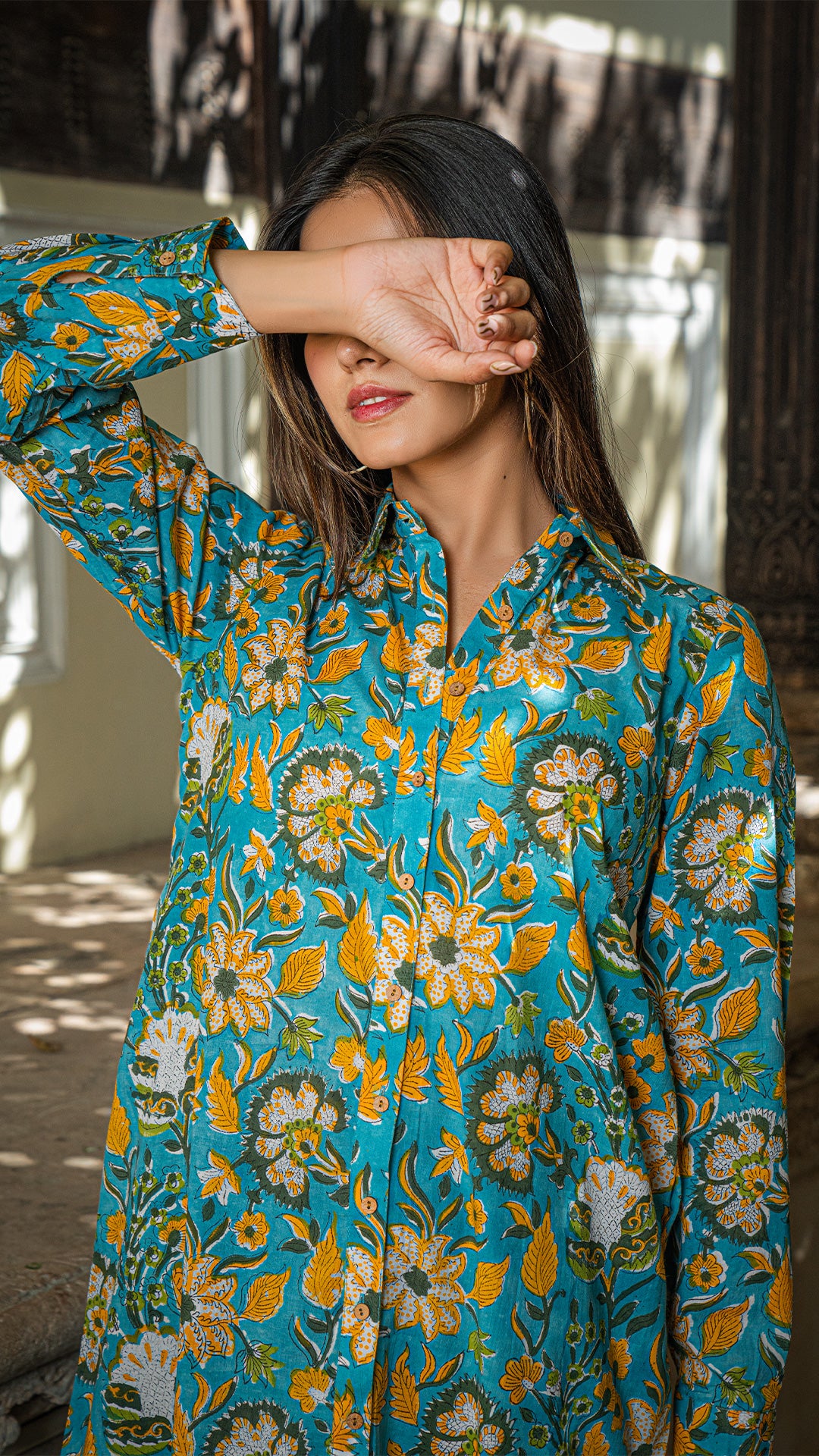 Zilmil Sanganeri Print Cotton Shirt Dress - Turquoise