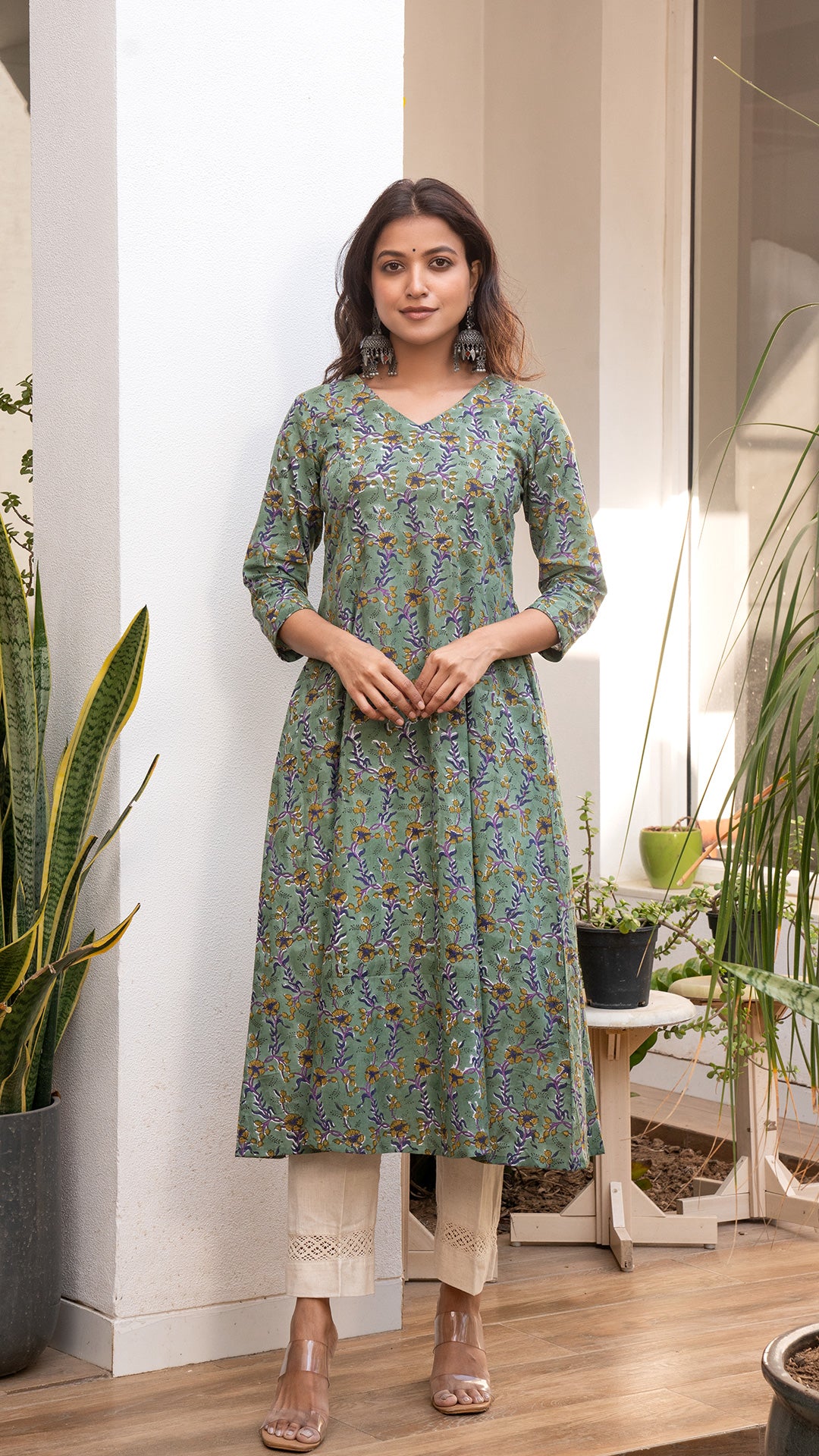 Ruha Sanganeri Hand Block Kali Cotton Kurta - Olive
