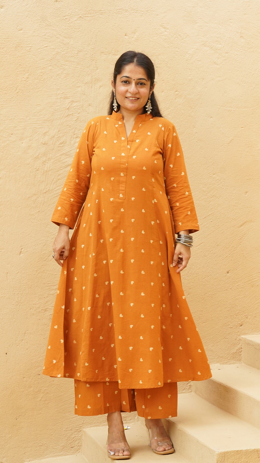 Little Hearts - Hand Block Kali Cotton Kurta - Rust