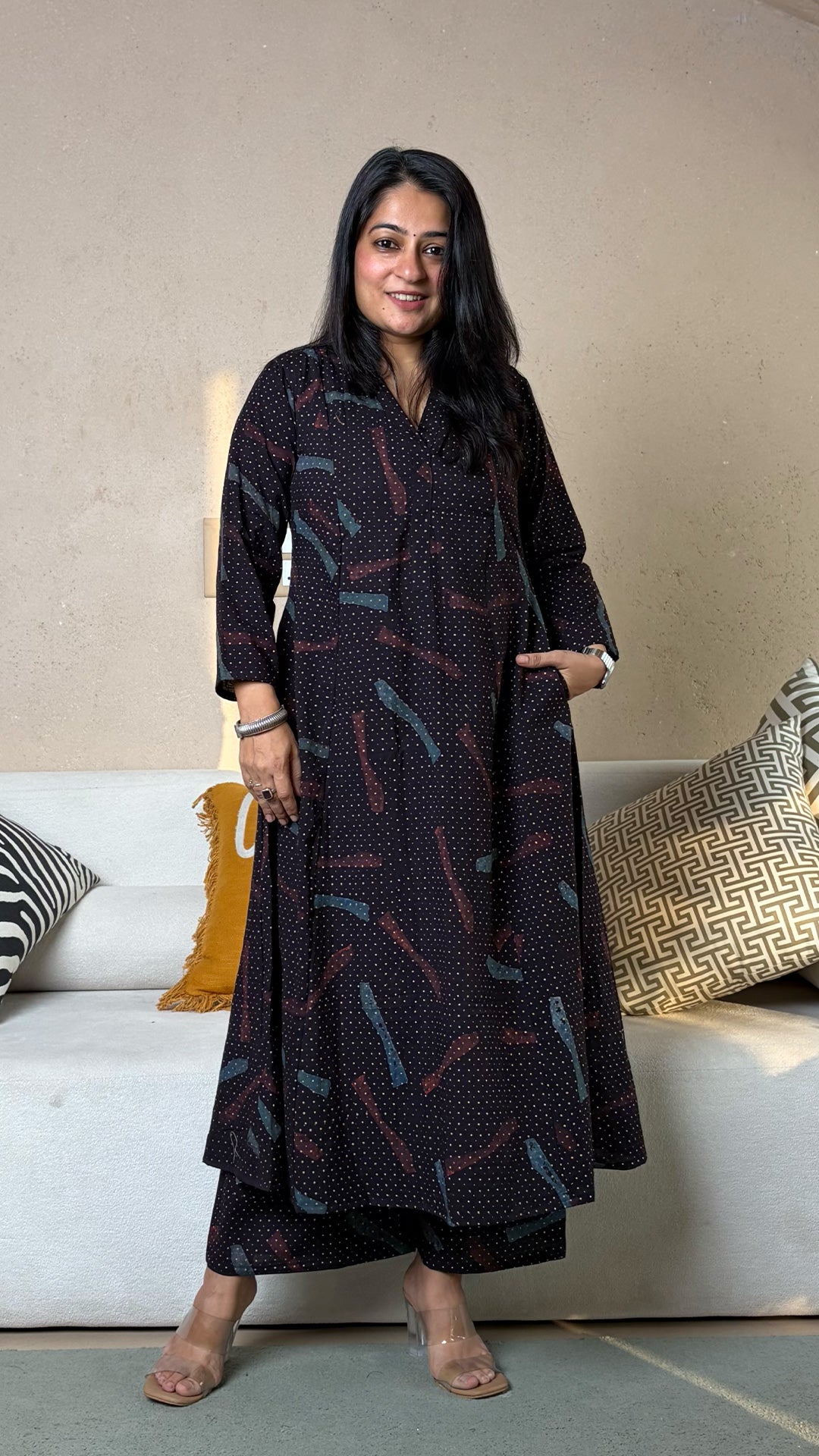 Aaryah Ajrakh Kali Kurta In Cotton - Black