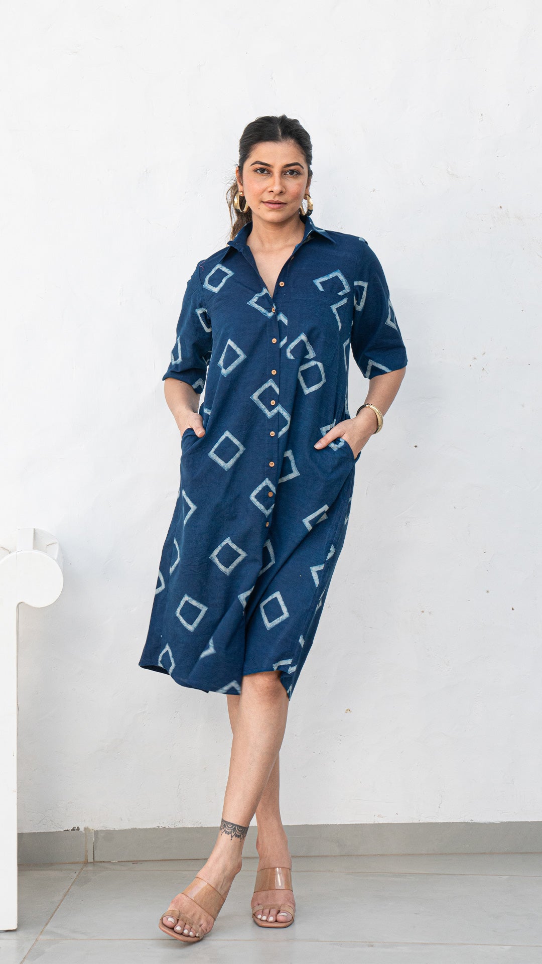 Aashna Indigo Hand Block Cotton Shirt Dress