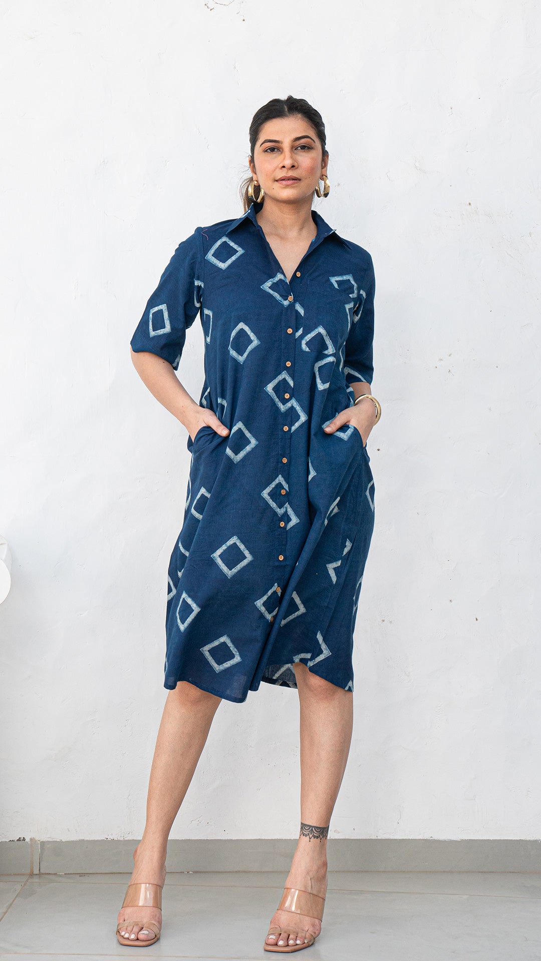 Aashna Indigo Hand Block Cotton Shirt Dress