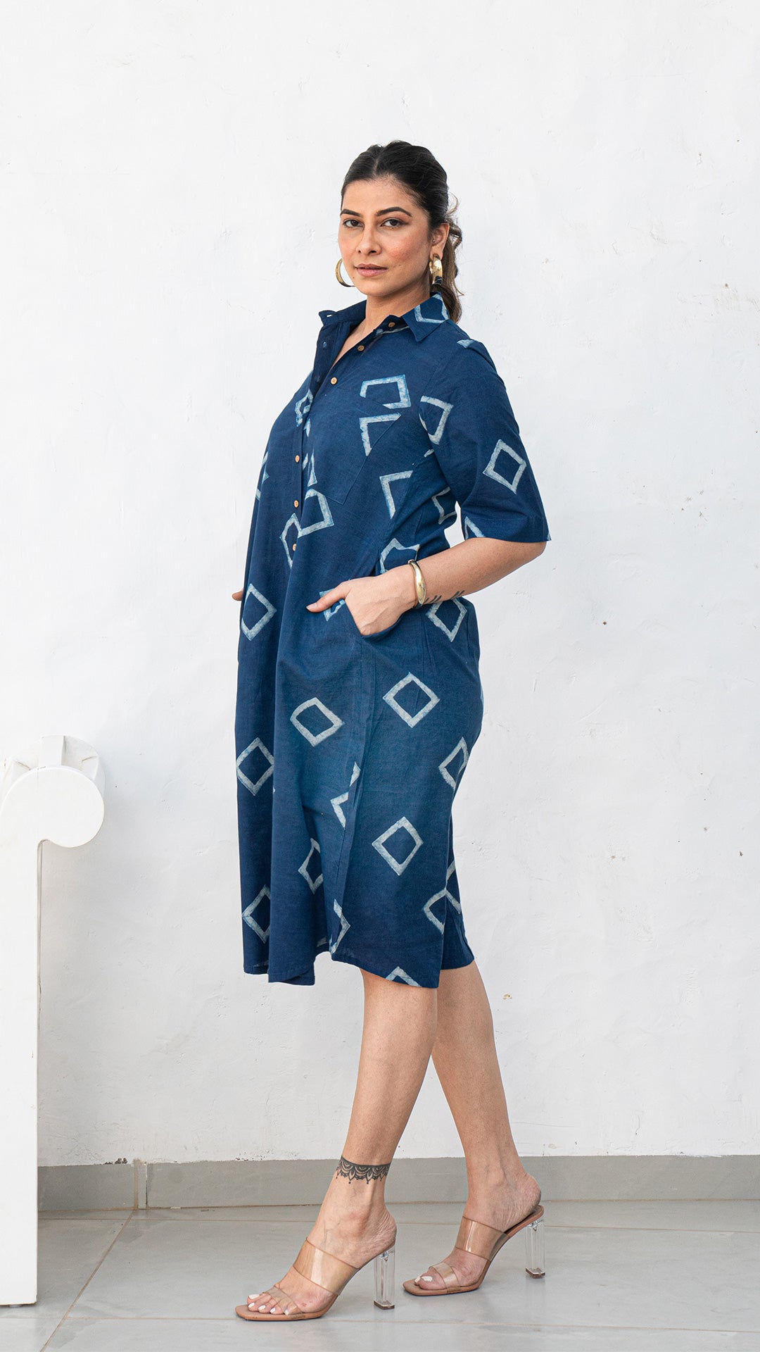 Aashna Indigo Hand Block Cotton Shirt Dress