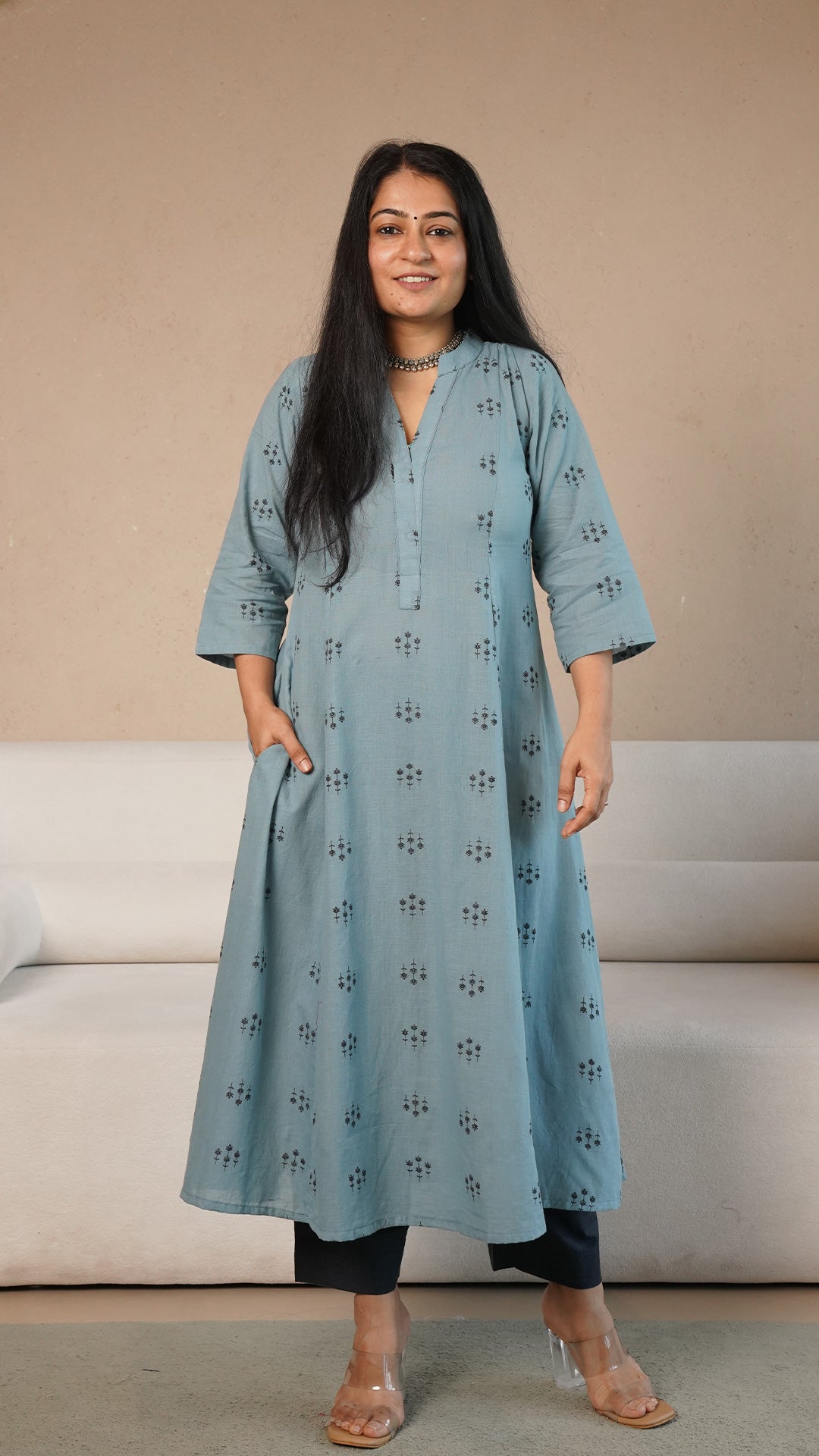 Yesha Hand Woven Kali Cotton Kurta - Ice Blue