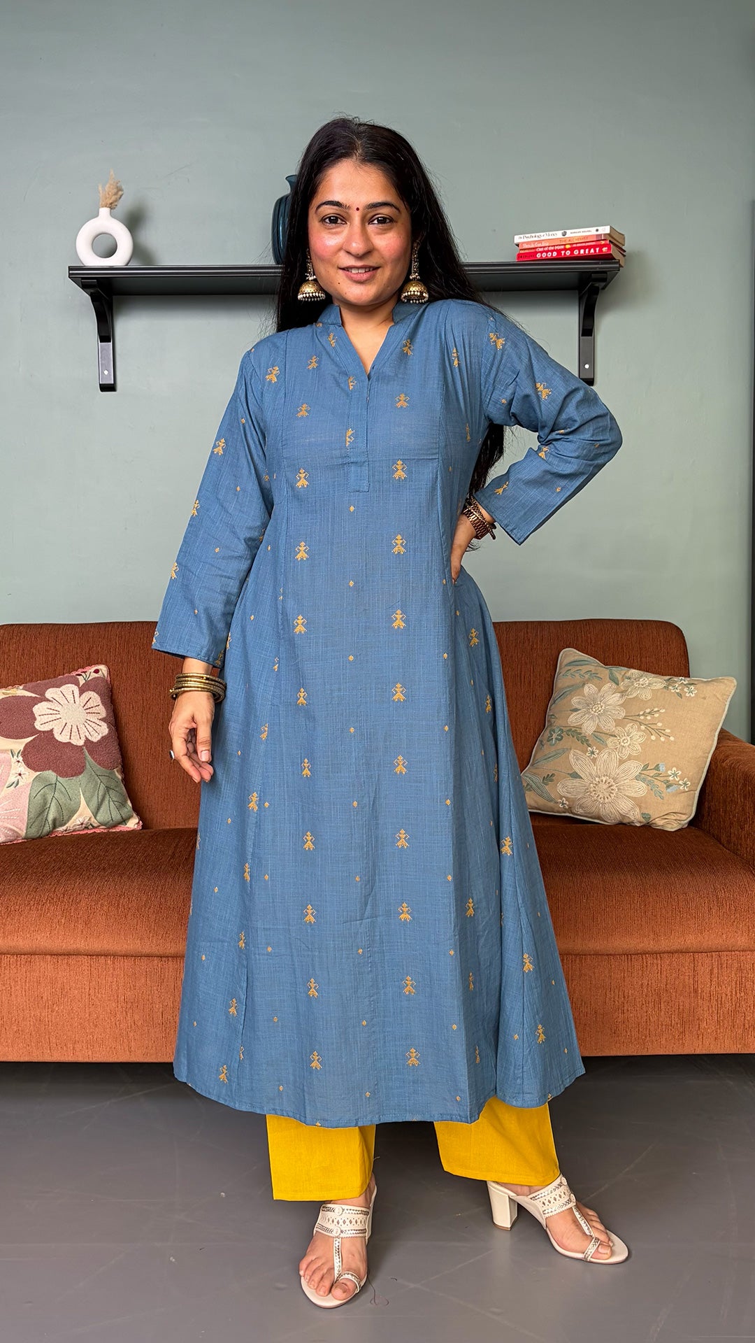 Natasha Blue Hand Woven Kali Cotton Kurta